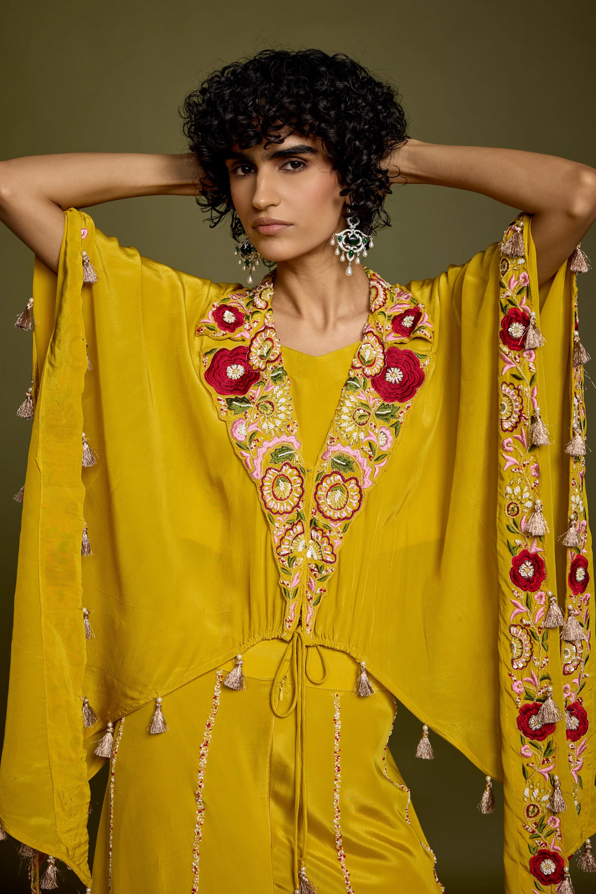 Corn Yellow Embellished Satin Silk Palazzo Set - Image 3
