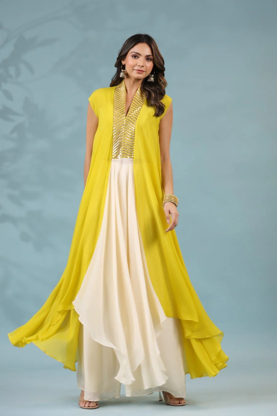 Corn Yellow Georgette Silk Tunic with Pants - Image 3