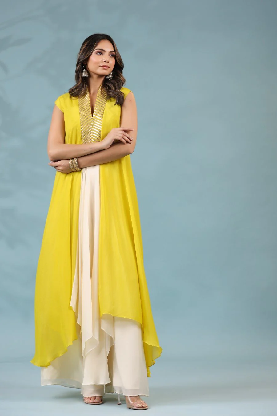 Corn Yellow Georgette Silk Tunic with Pants - Image 6