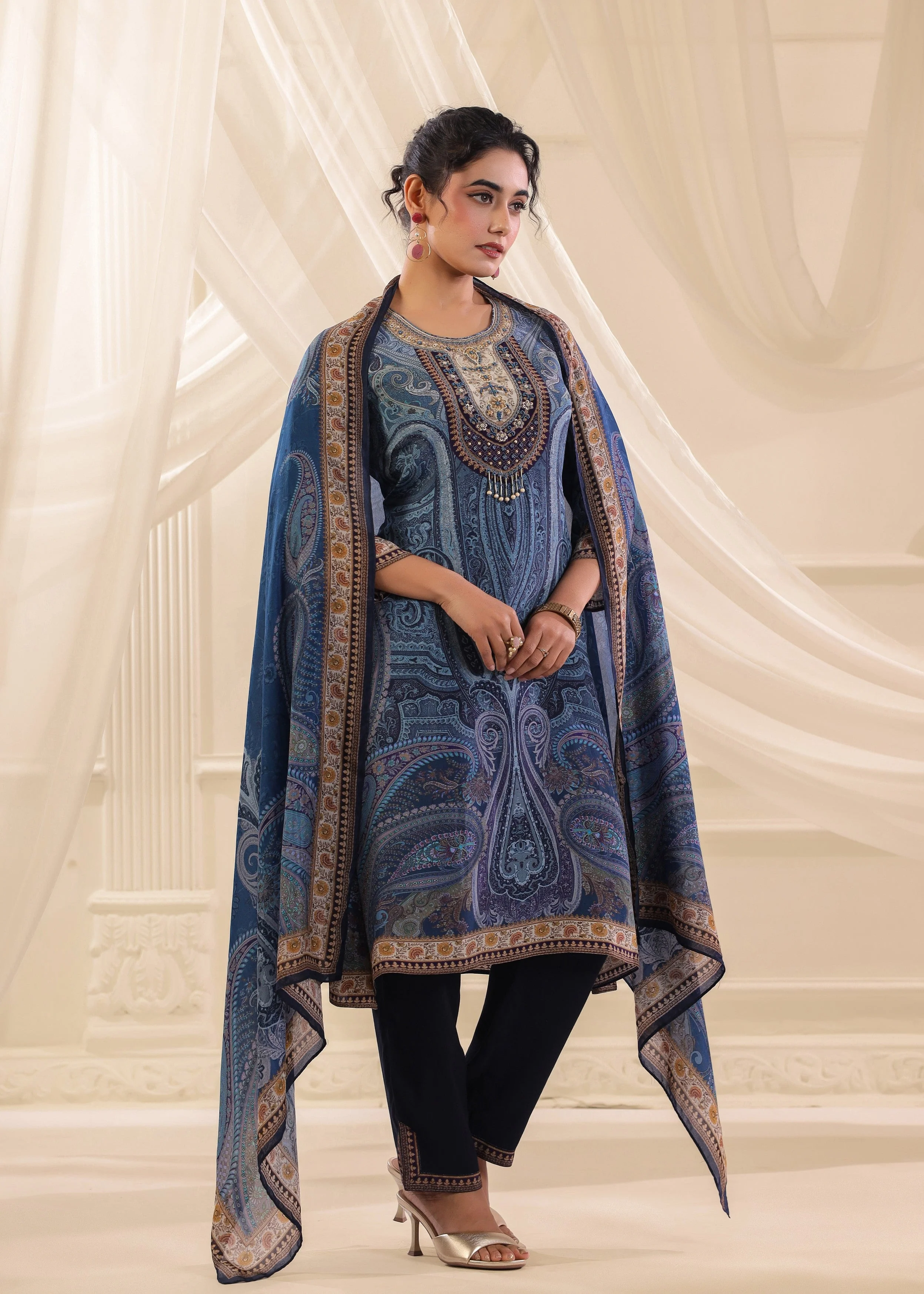 Cornflower Blue Printed Crepe Silk Pant Set - Image 3