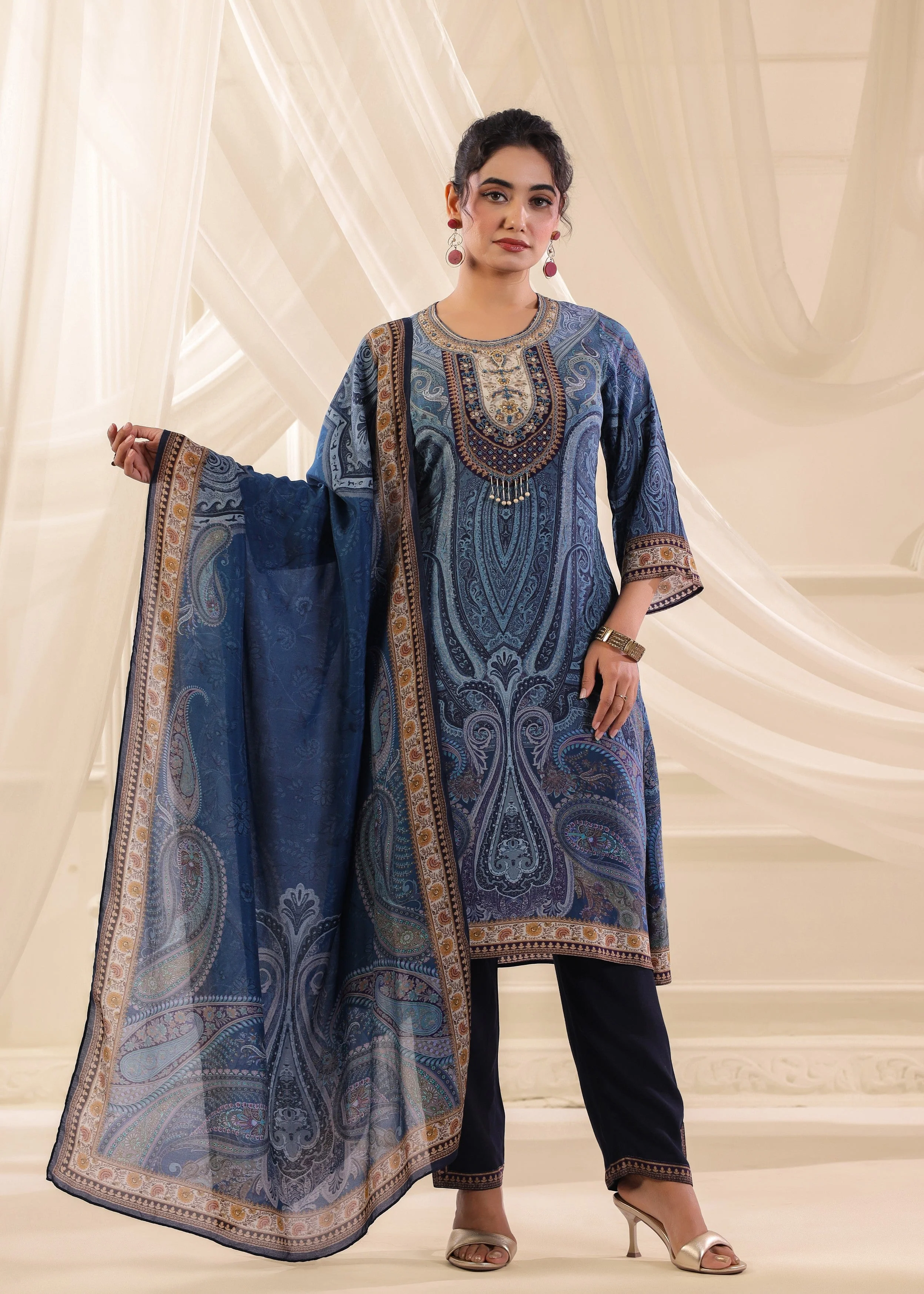 Cornflower Blue Printed Crepe Silk Pant Set - Image 4
