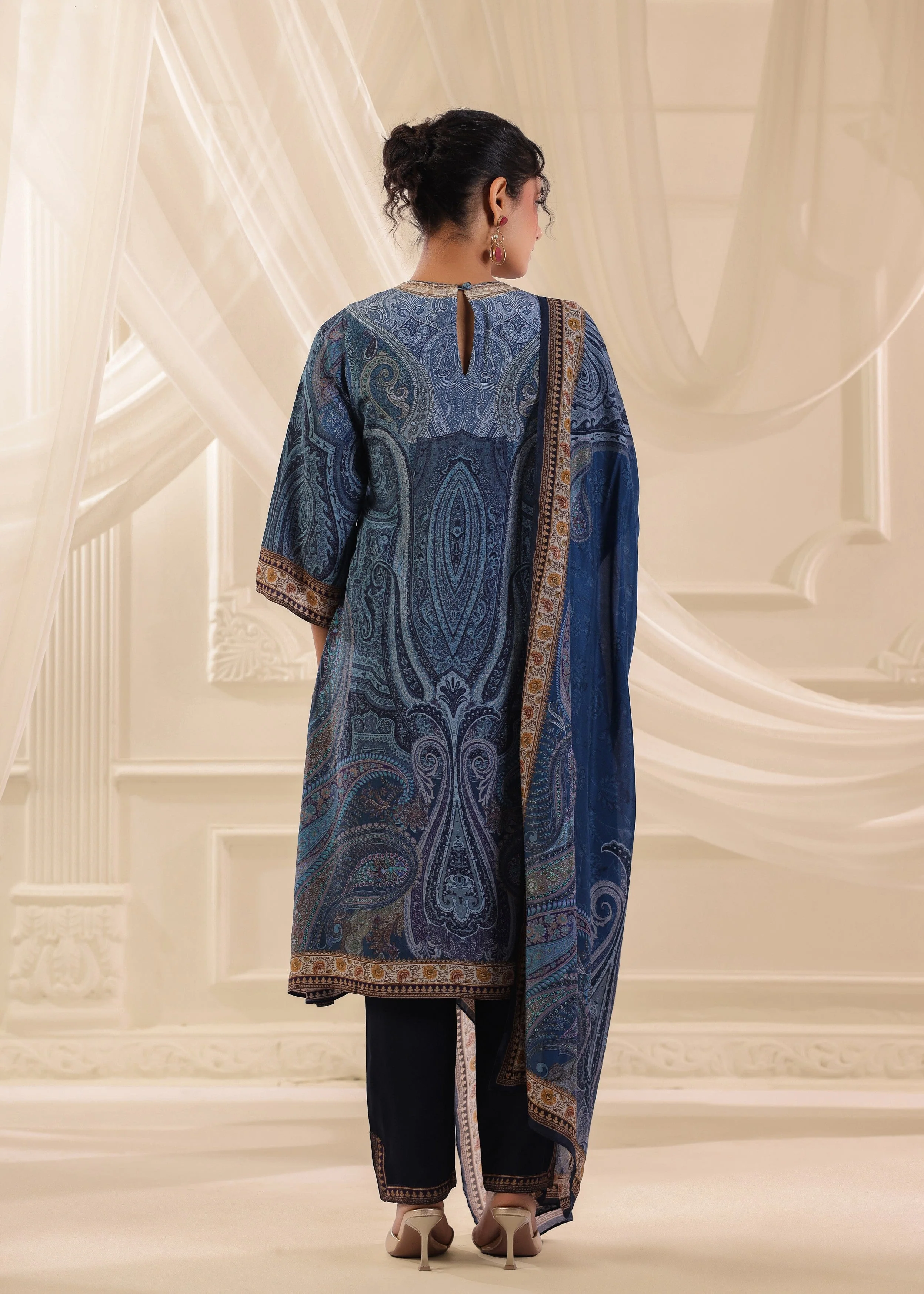 Cornflower Blue Printed Crepe Silk Pant Set - Image 5
