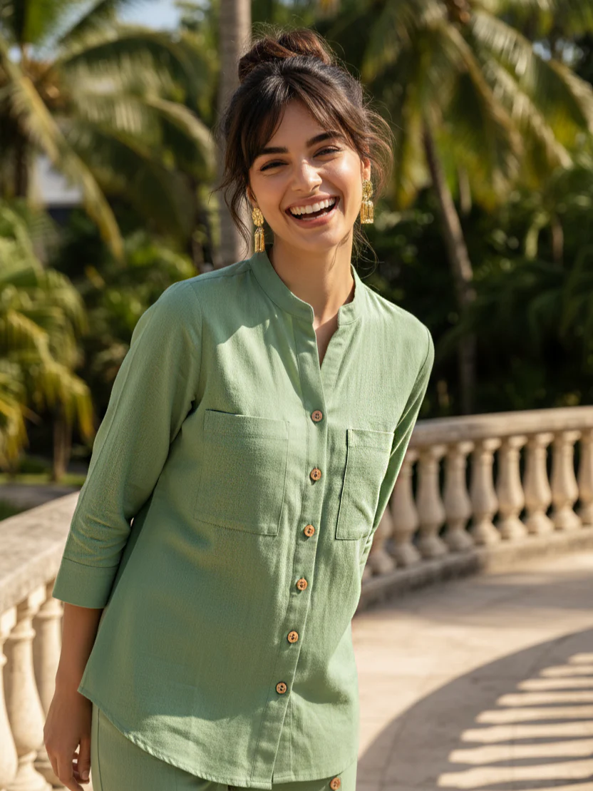 Sage Green Button-Down Cotton Co-ord Set - Image 2