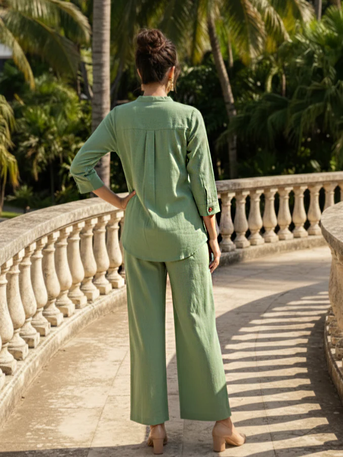 Sage Green Button-Down Cotton Co-ord Set - Image 4