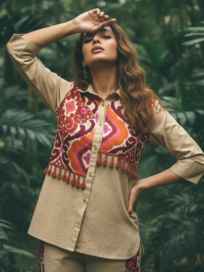 Beige & Multicolor Ikat Print Cotton Co-ord Set - Image 3