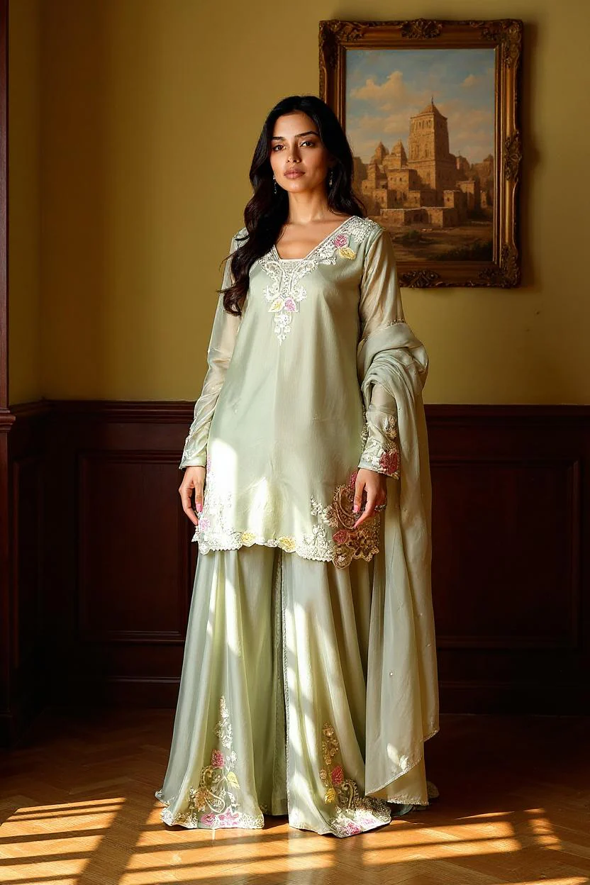 Moss Green Embellished Viscose Silk palazzo Set - Image 3
