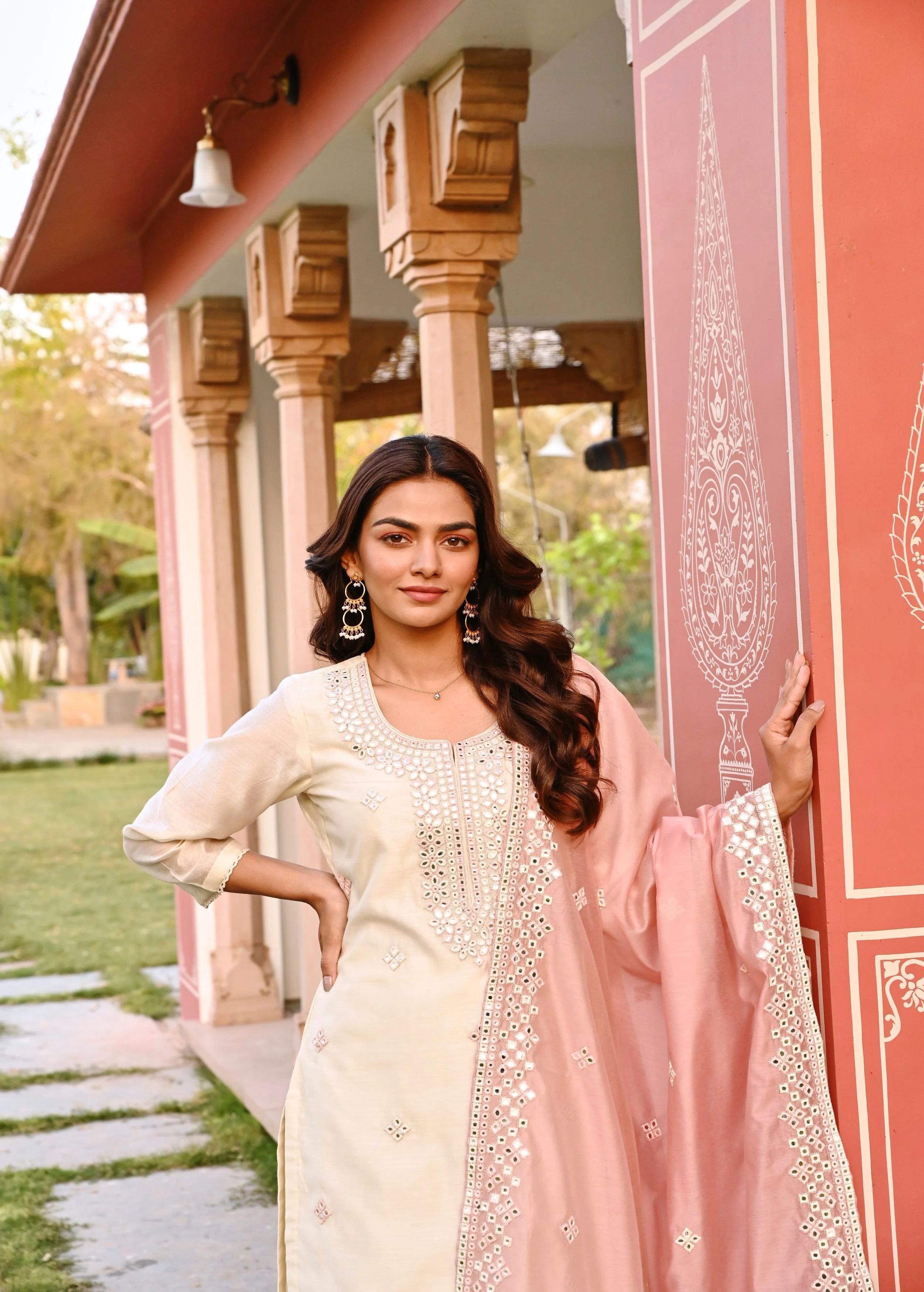Cream Embellished Chanderi Silk Pant Set - Image 3
