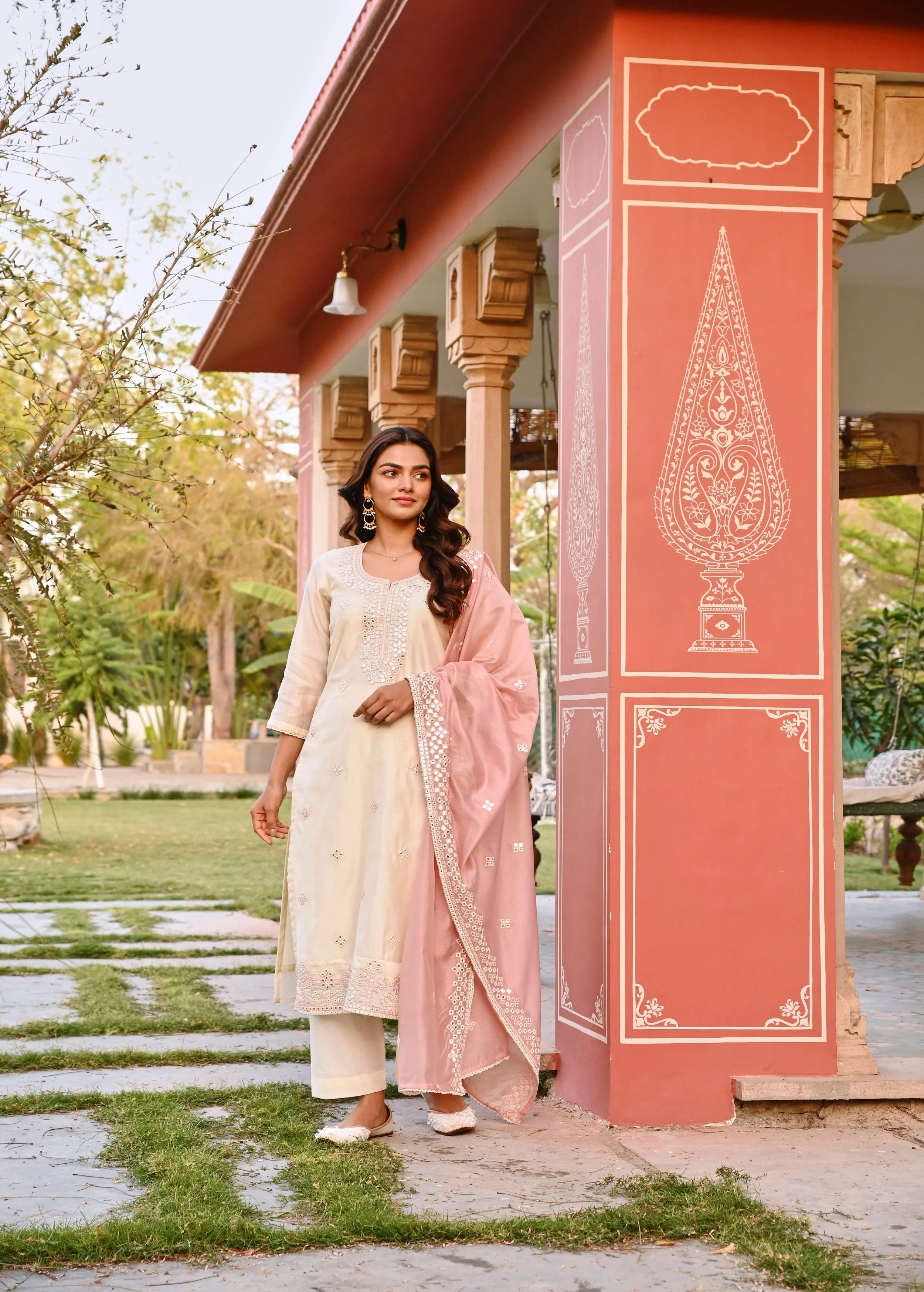 Cream Embellished Chanderi Silk Pant Set - Image 4
