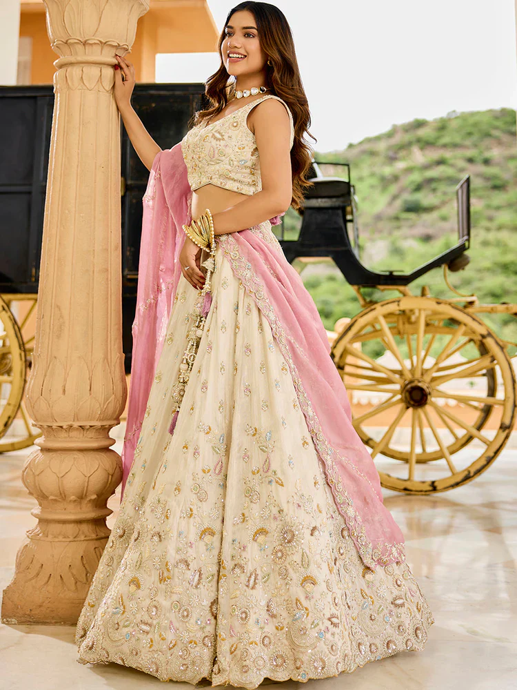 Cream and Pink Embellished Tissue Silk Lehenga Set - Image 5