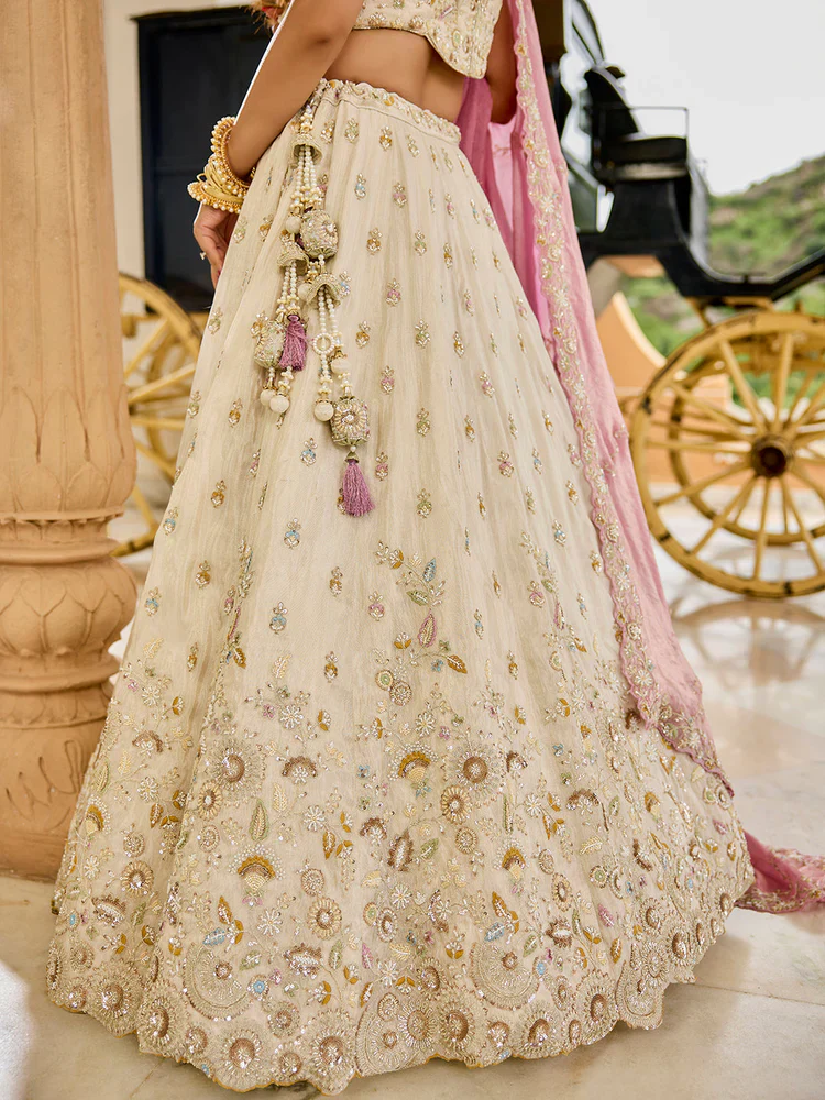 Cream and Pink Embellished Tissue Silk Lehenga Set - Image 6