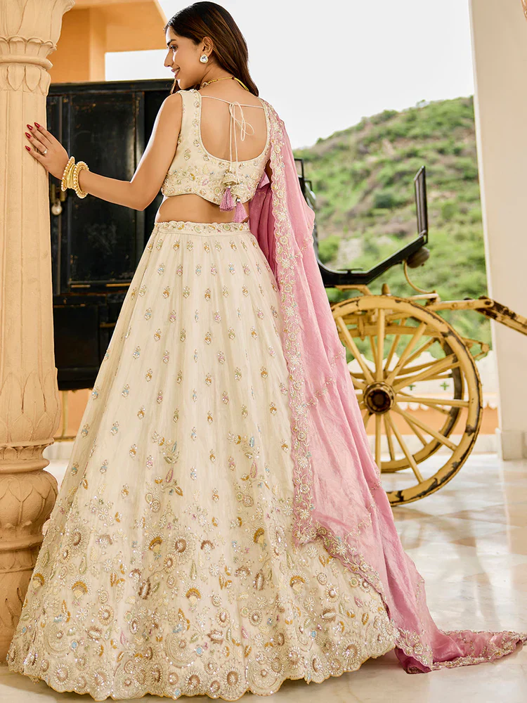 Cream and Pink Embellished Tissue Silk Lehenga Set - Image 7