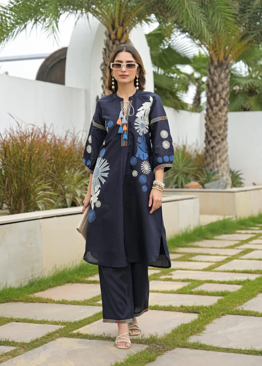 Blue Premium Silk Katha Handwork Co-Ord Set