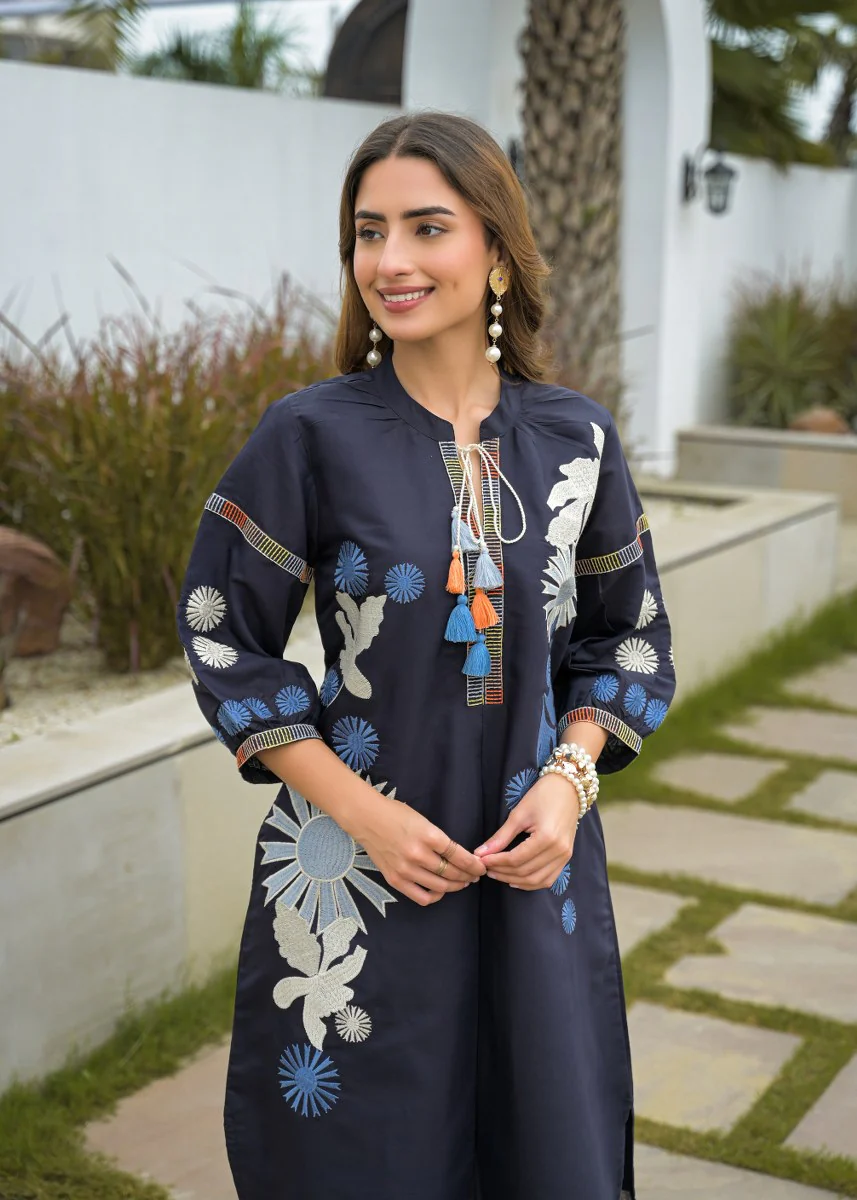 Blue Premium Silk Katha Handwork Co-Ord Set - Image 2