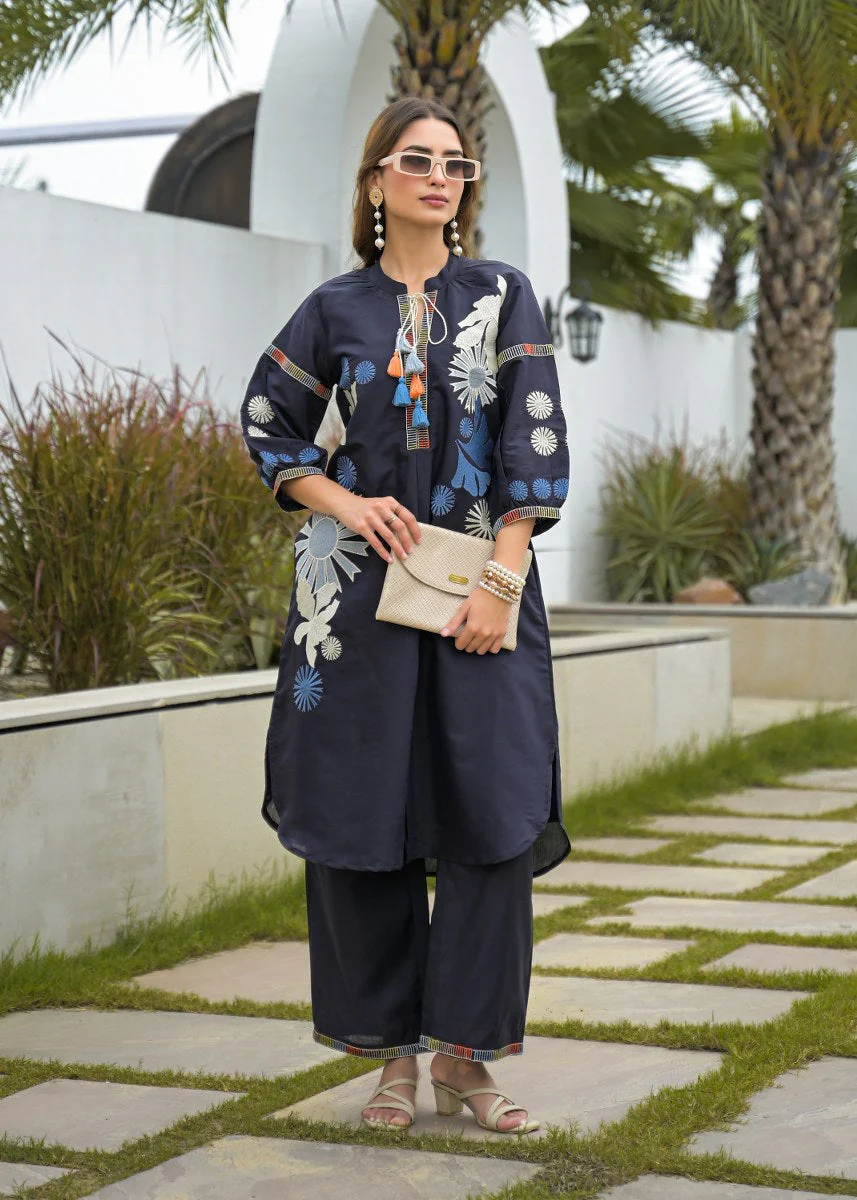 Blue Premium Silk Katha Handwork Co-Ord Set - Image 3