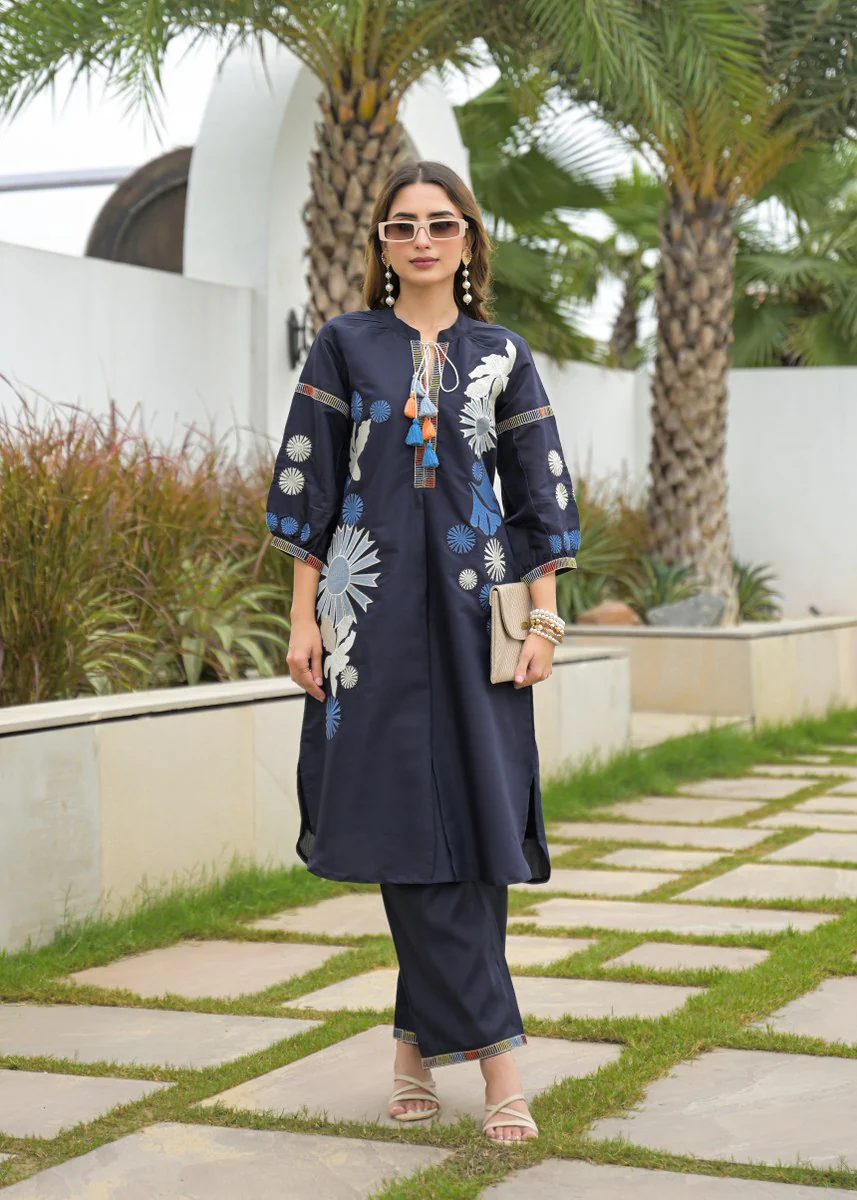 Blue Premium Silk Katha Handwork Co-Ord Set - Image 4