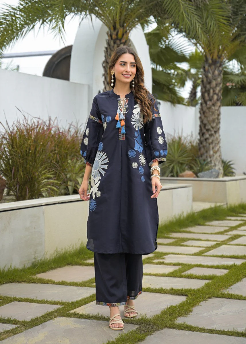 Blue Premium Silk Katha Handwork Co-Ord Set - Image 5