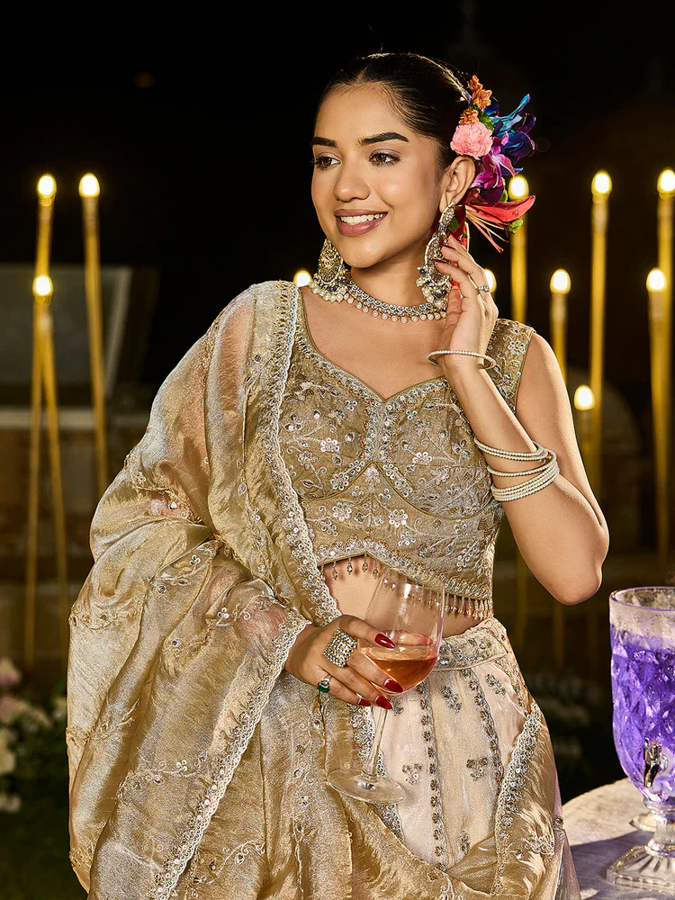 Cream Coffee Embellished Premium Silk Lehenga Set - Image 2