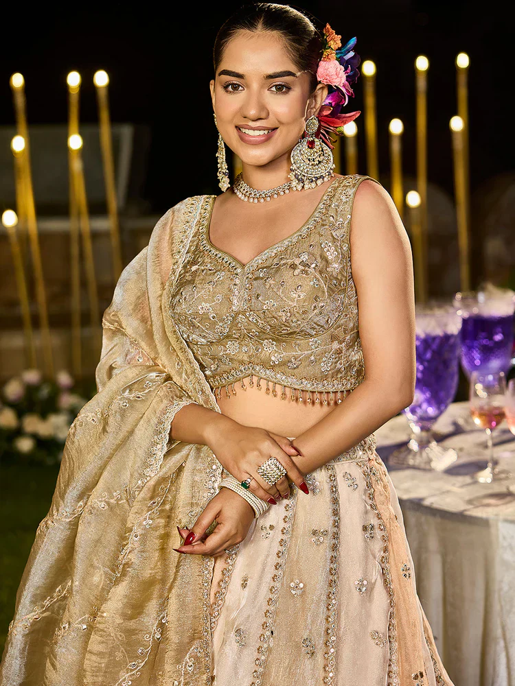 Cream Coffee Embellished Premium Silk Lehenga Set - Image 3