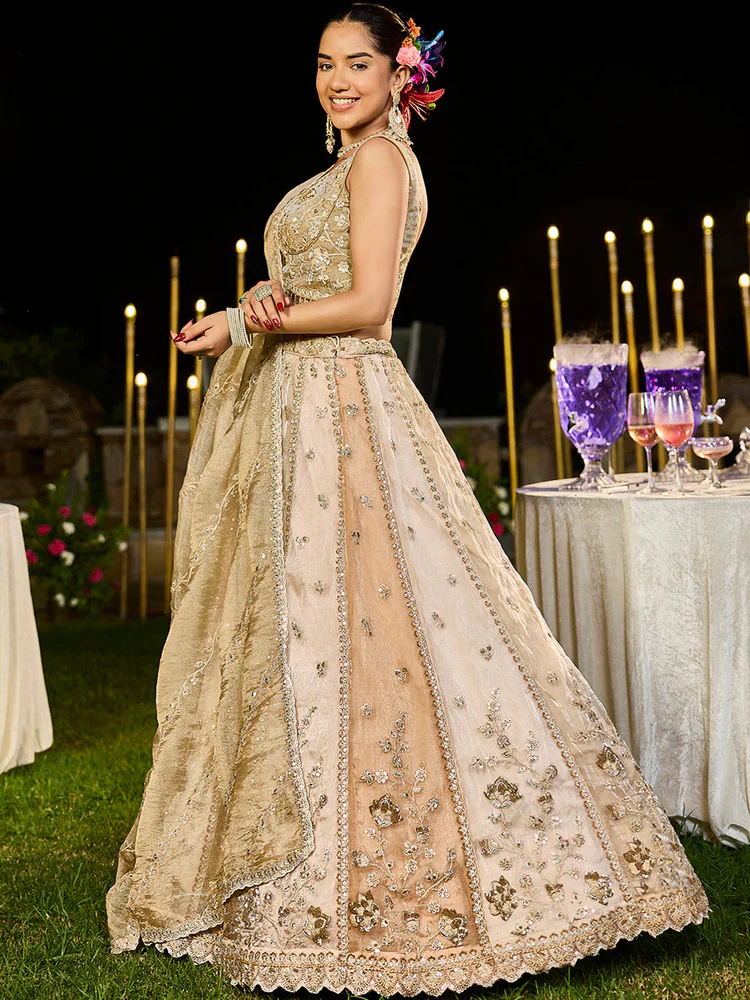 Cream Coffee Embellished Premium Silk Lehenga Set - Image 4