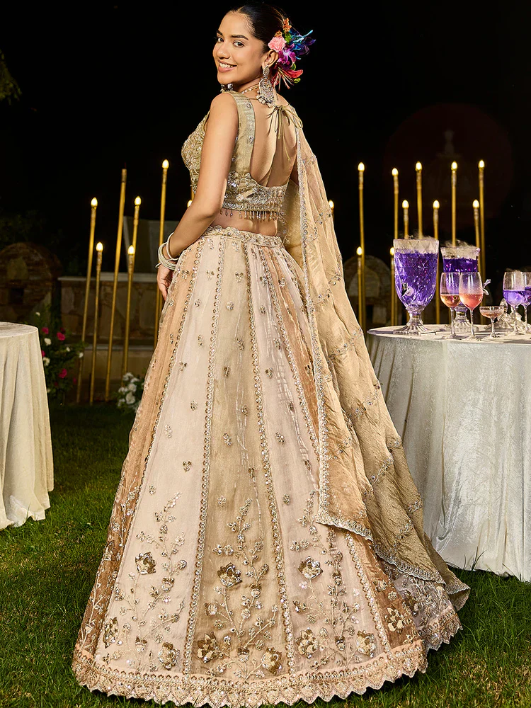 Cream Coffee Embellished Premium Silk Lehenga Set - Image 6