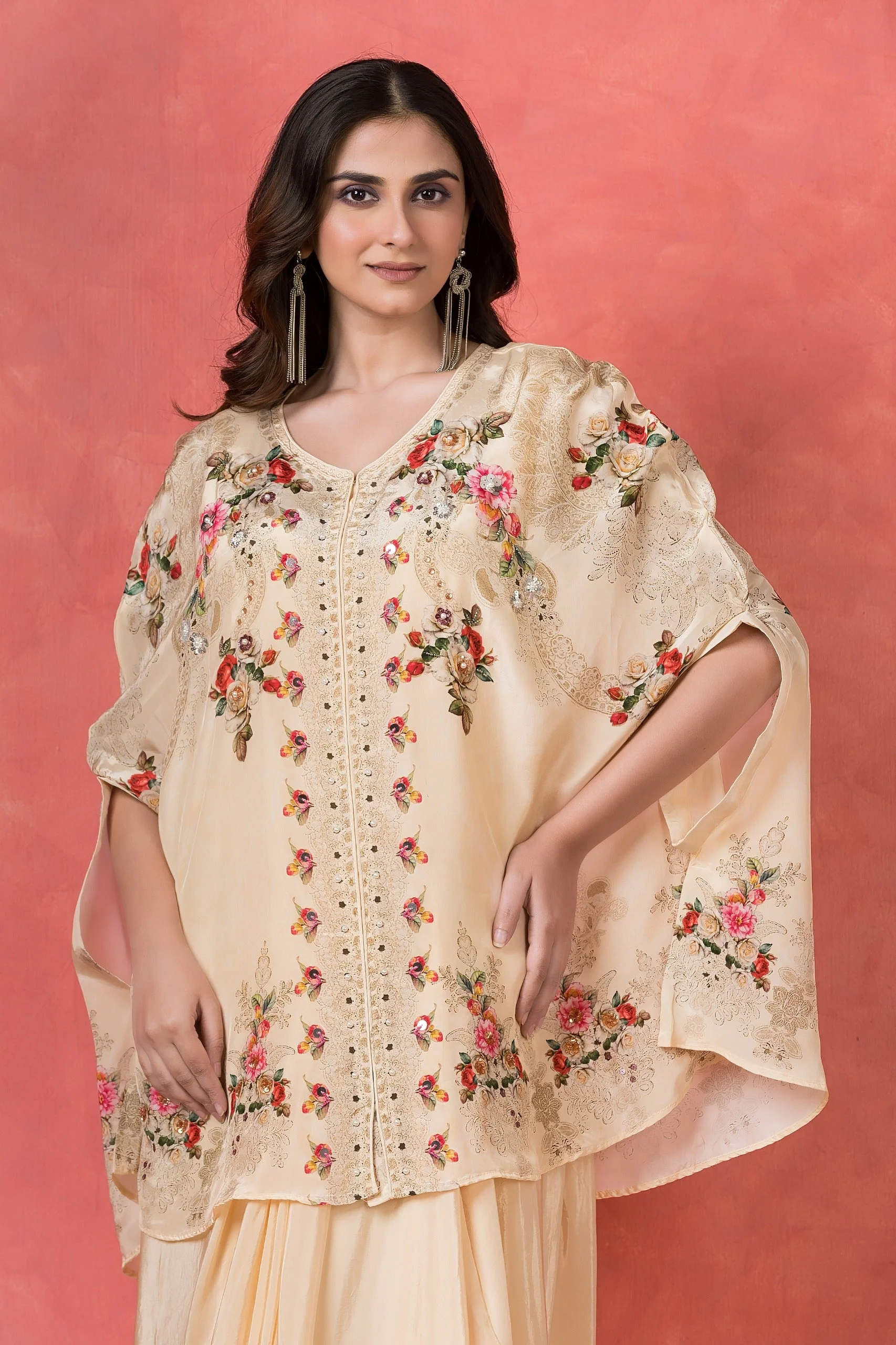 Cream Embellished Crepe Silk Skirt Set - Image 2