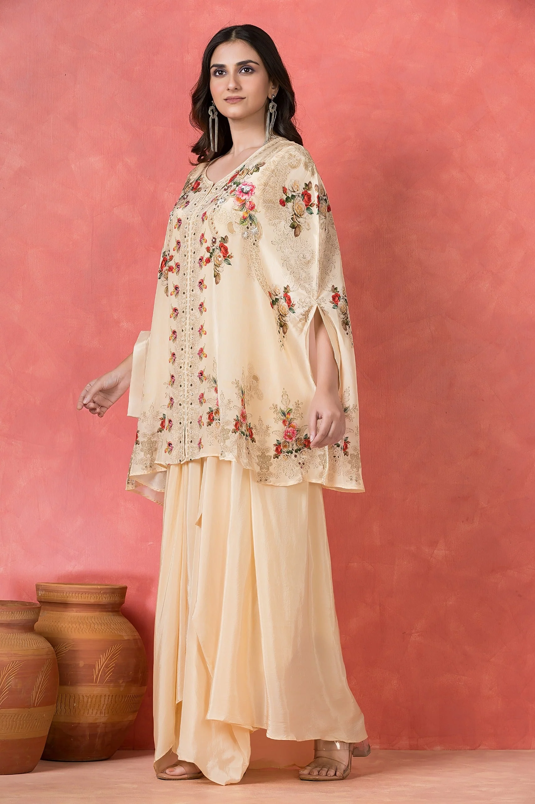 Cream Embellished Crepe Silk Skirt Set - Image 3