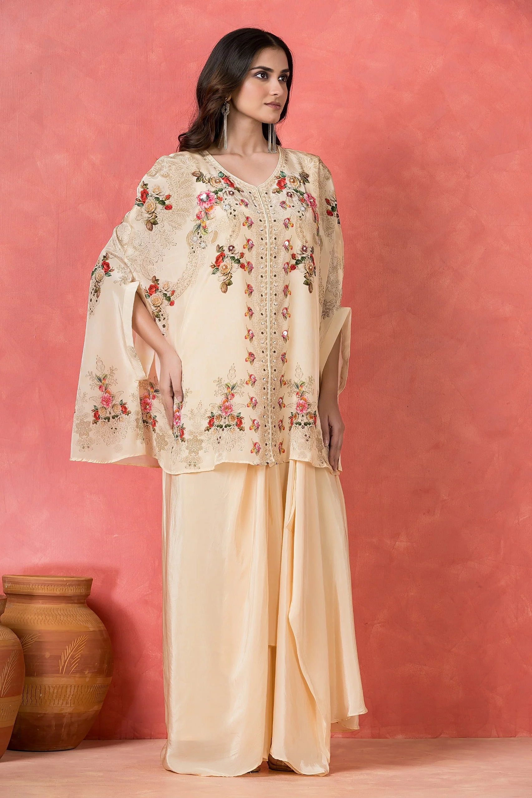 Cream Embellished Crepe Silk Skirt Set - Image 4