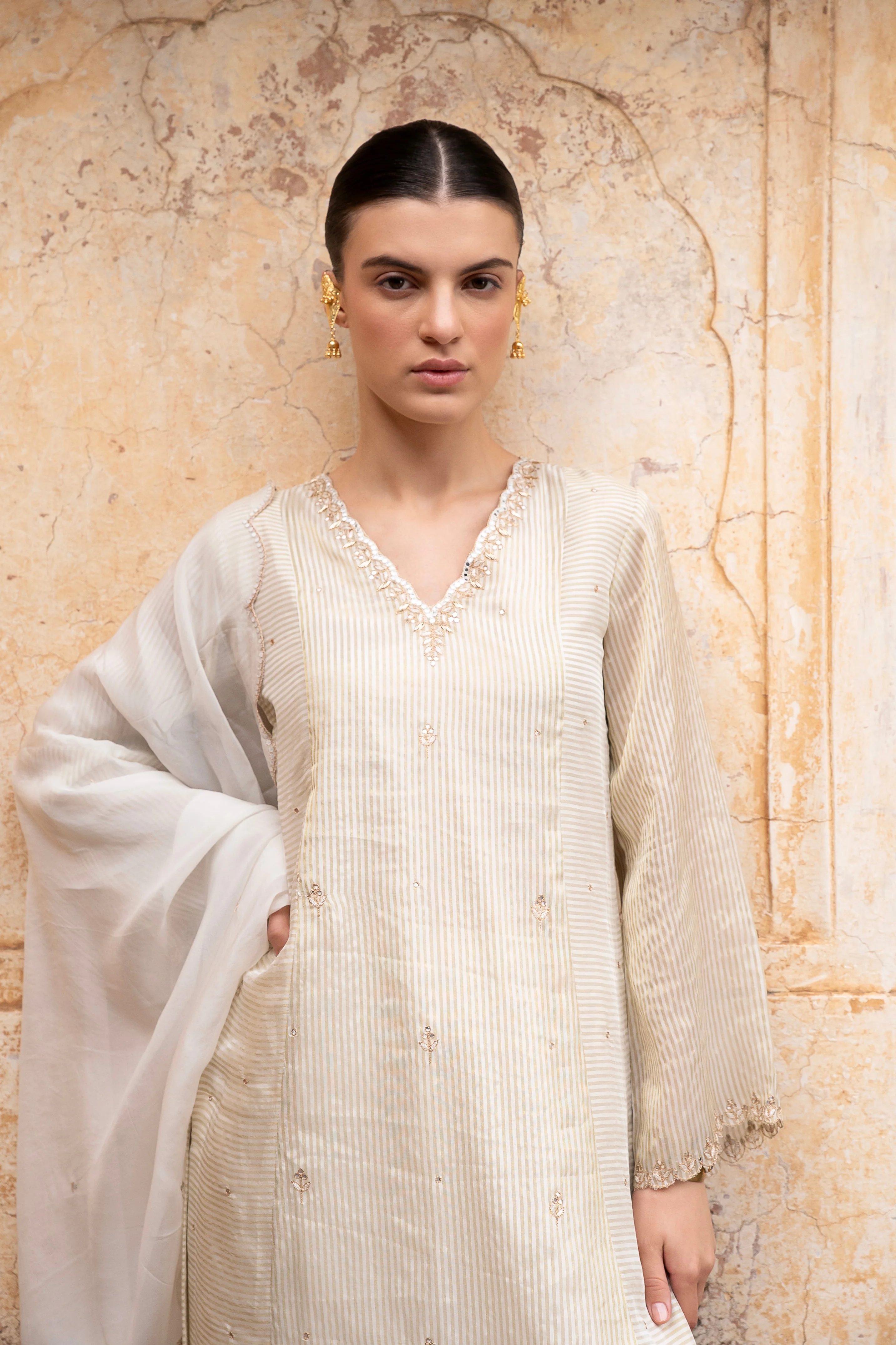 Cream Embellished Premium Silk Pant Set - Image 2