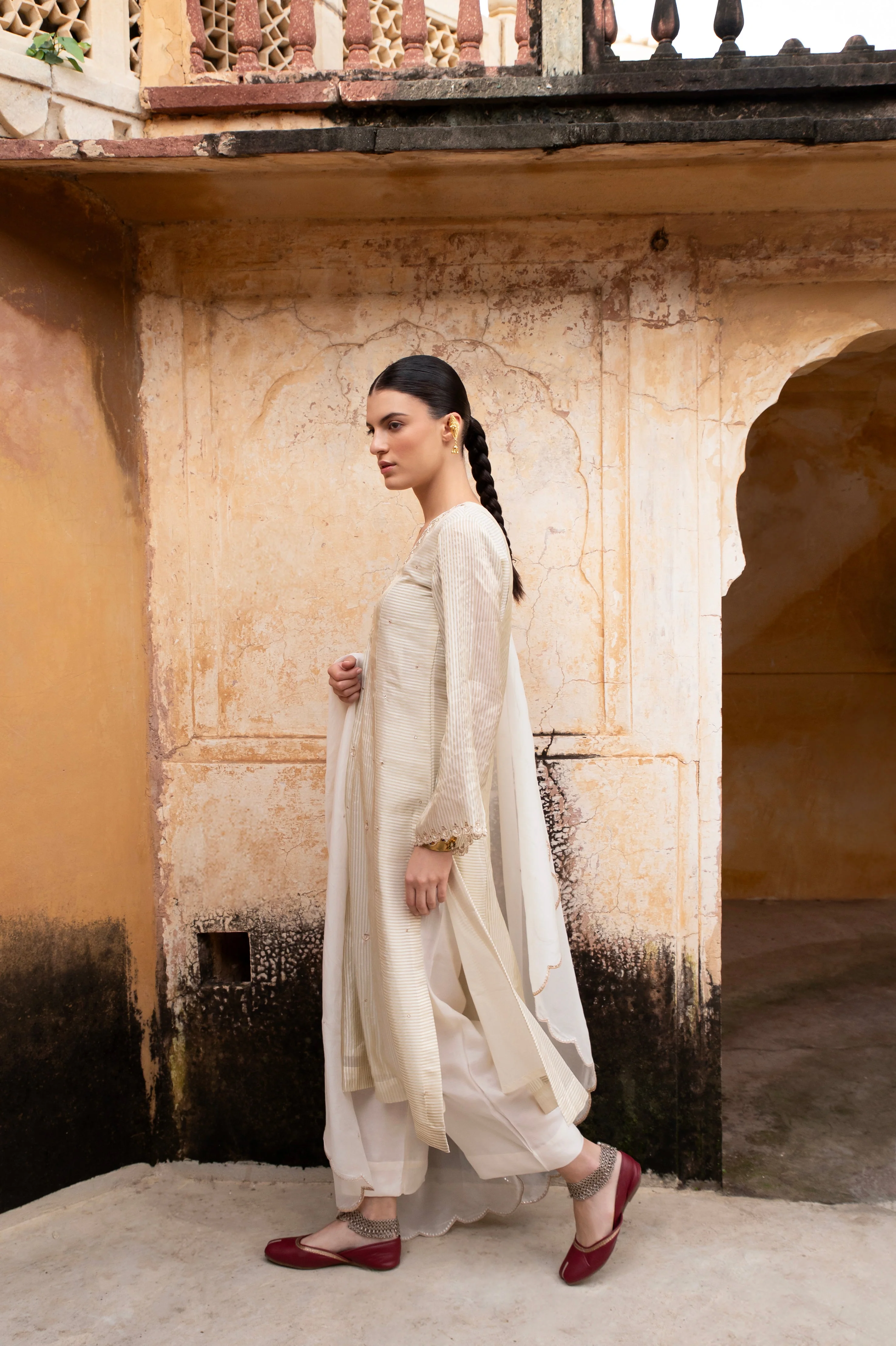 Cream Embellished Premium Silk Pant Set - Image 3