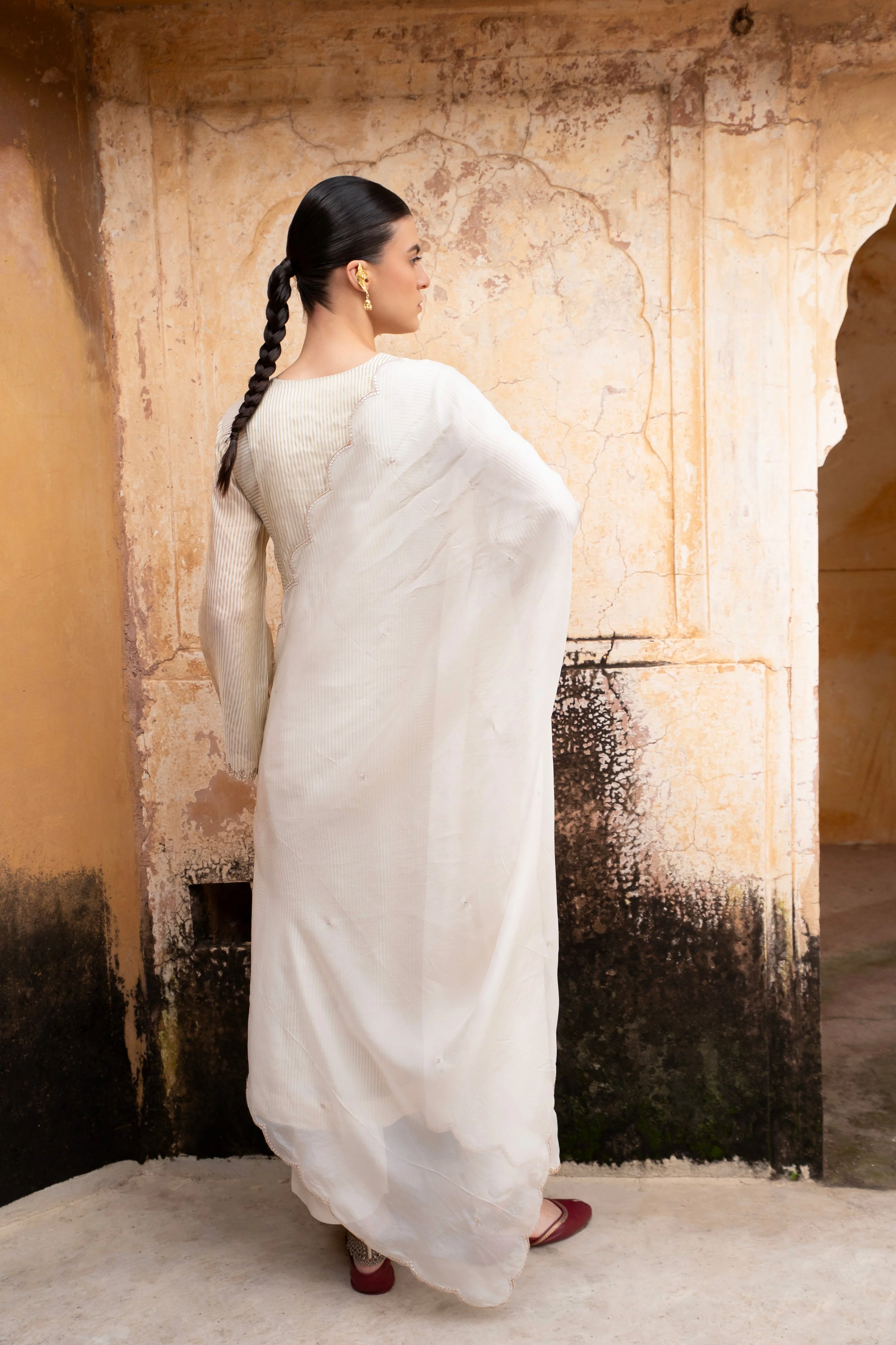 Cream Embellished Premium Silk Pant Set - Image 4