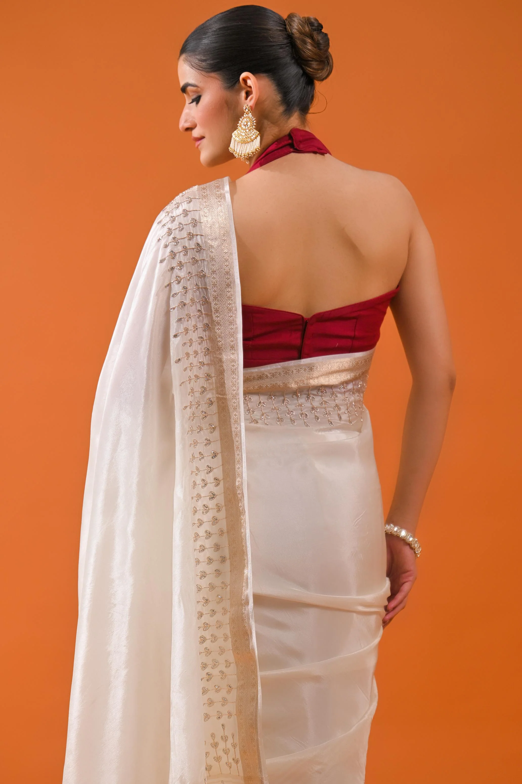 Ivory Embellished Cosmo Silk Saree - Image 10