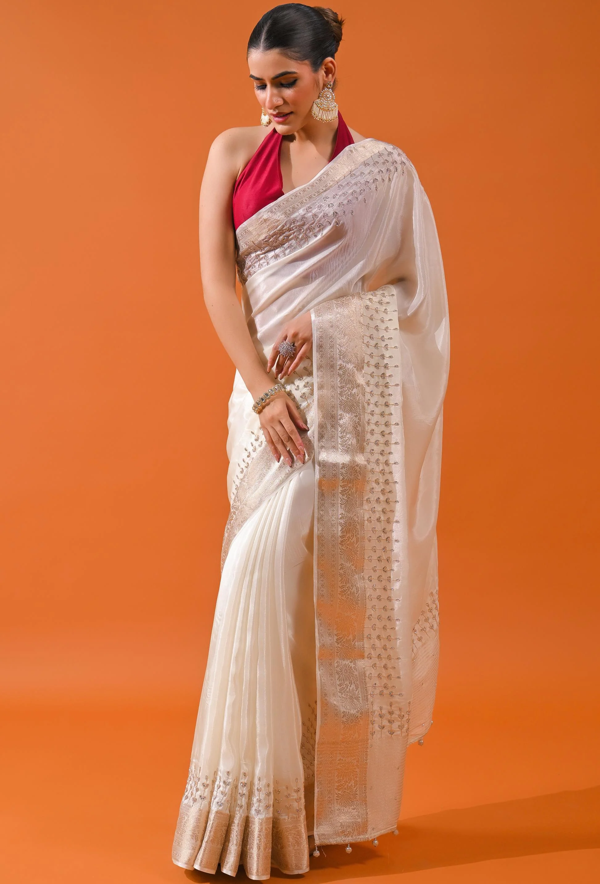 Ivory Embellished Cosmo Silk Saree - Image 3