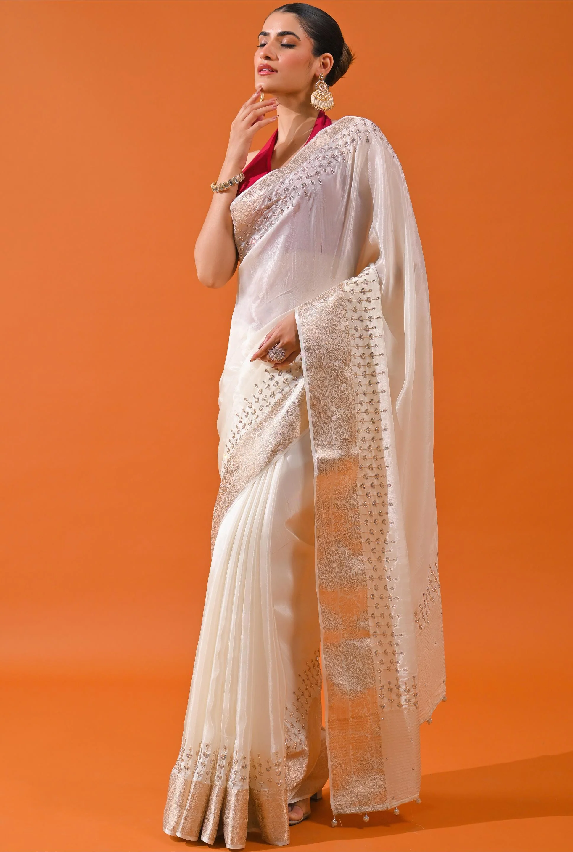 Ivory Embellished Cosmo Silk Saree - Image 4