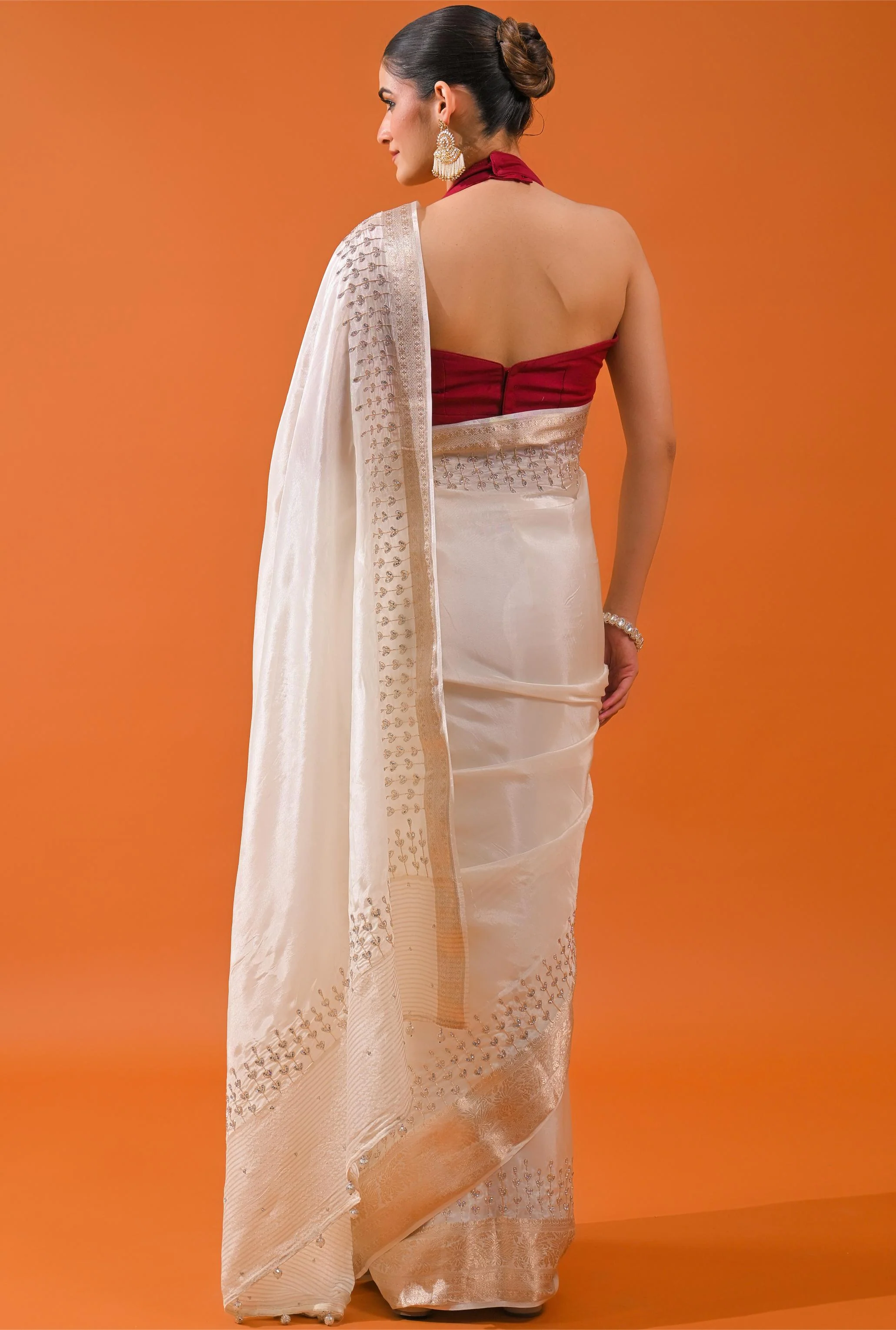 Ivory Embellished Cosmo Silk Saree - Image 5
