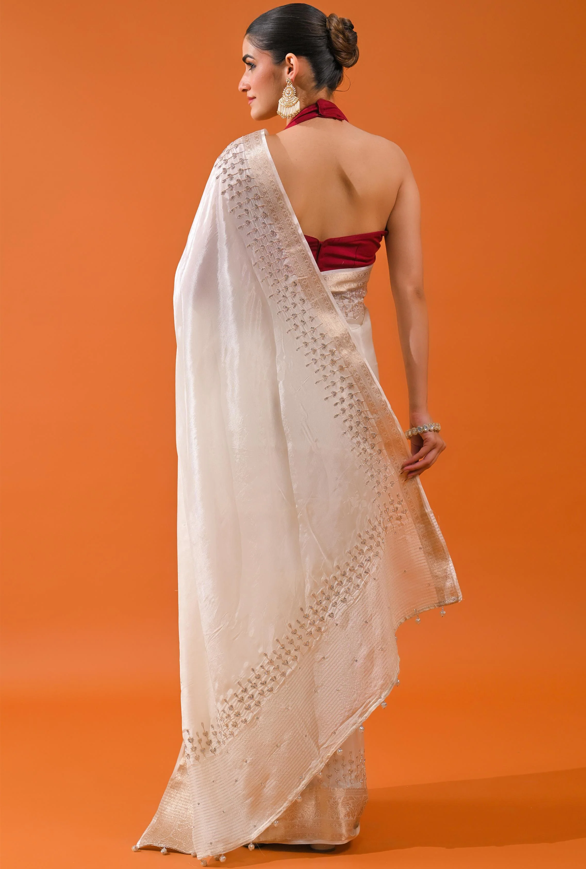Ivory Embellished Cosmo Silk Saree - Image 6