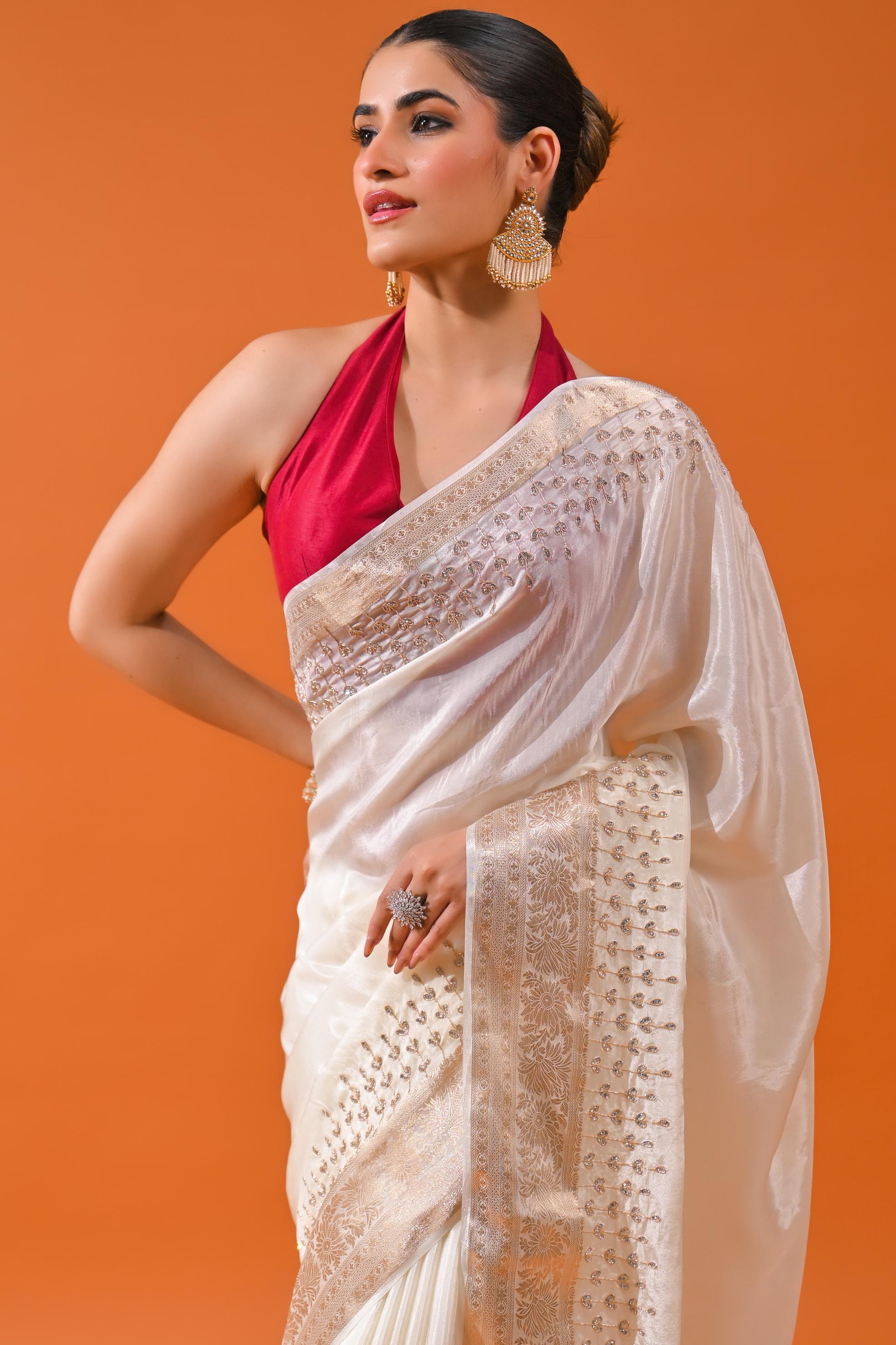 Ivory Embellished Cosmo Silk Saree - Image 7
