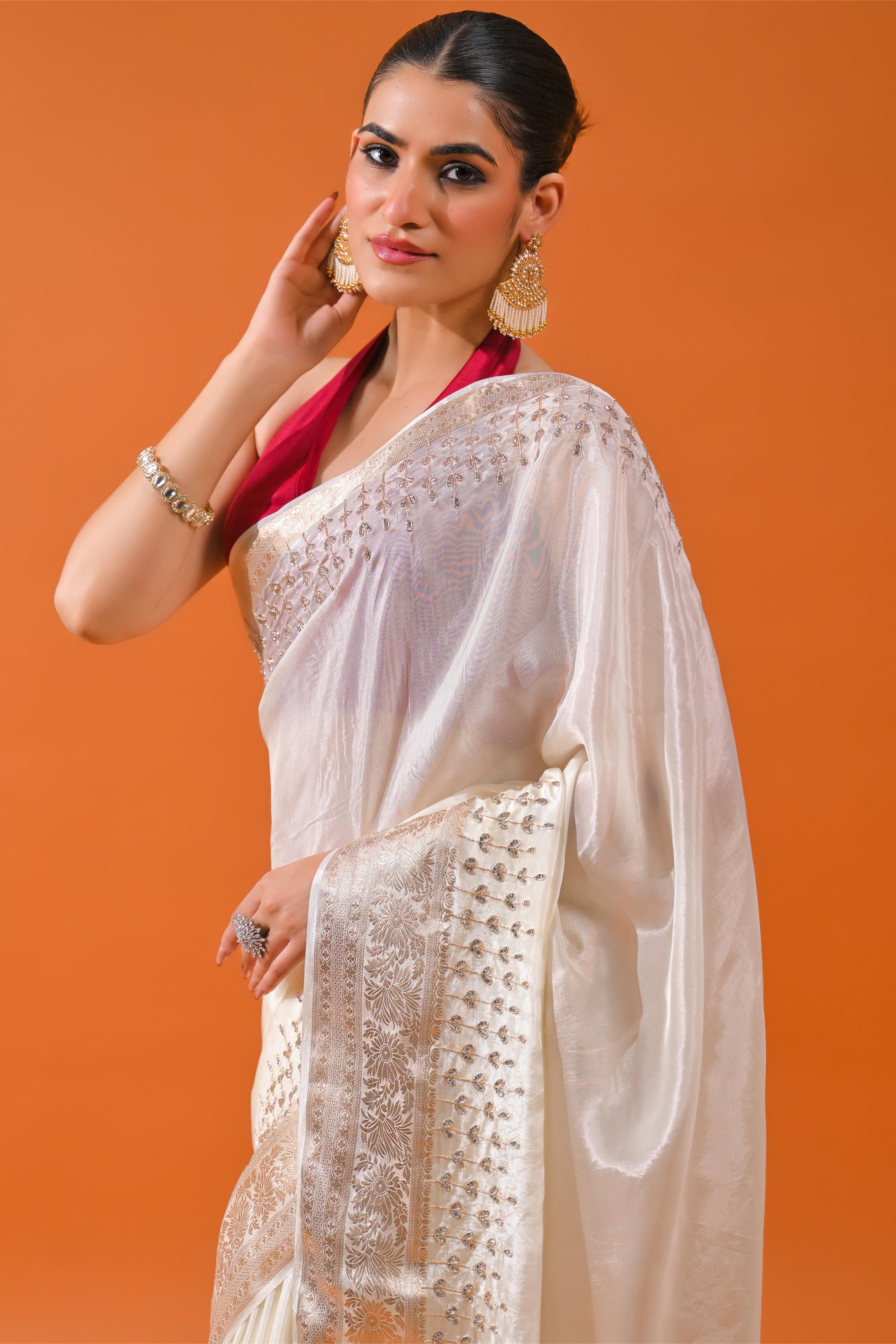 Ivory Embellished Cosmo Silk Saree - Image 8