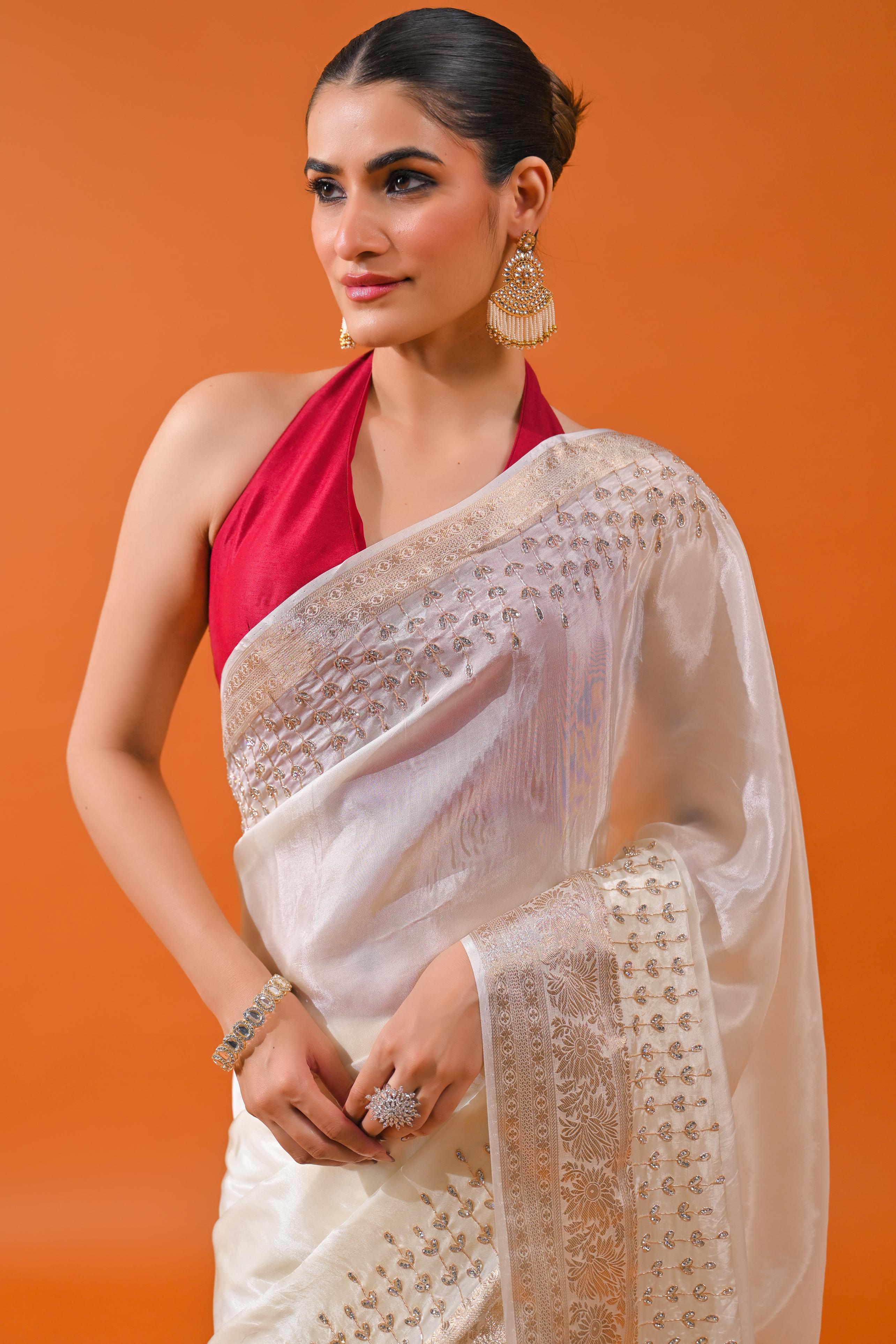 Ivory Embellished Cosmo Silk Saree - Image 9