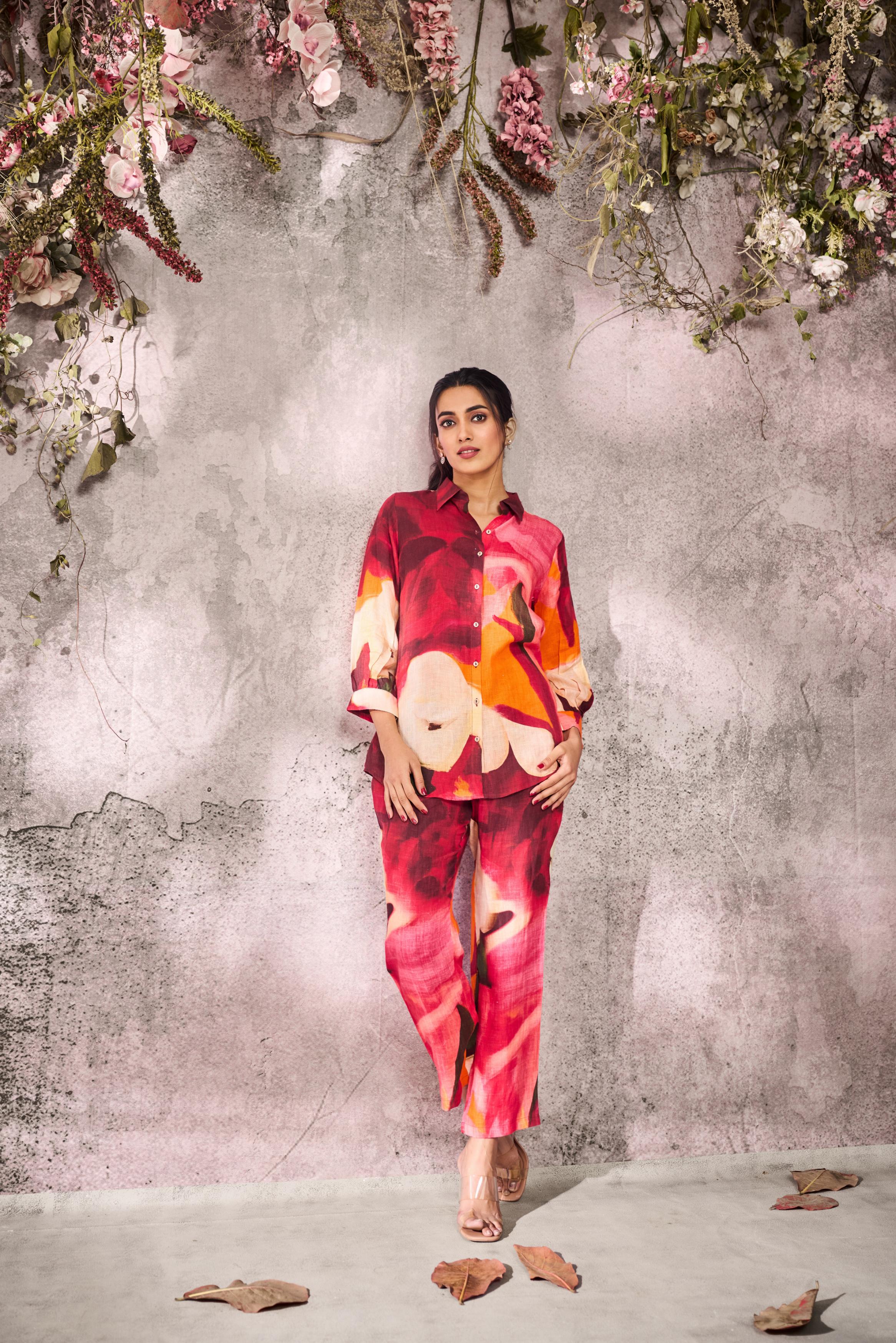 Pink Summer Floral Printed Linen Silk Co-Ord Set - Image 3