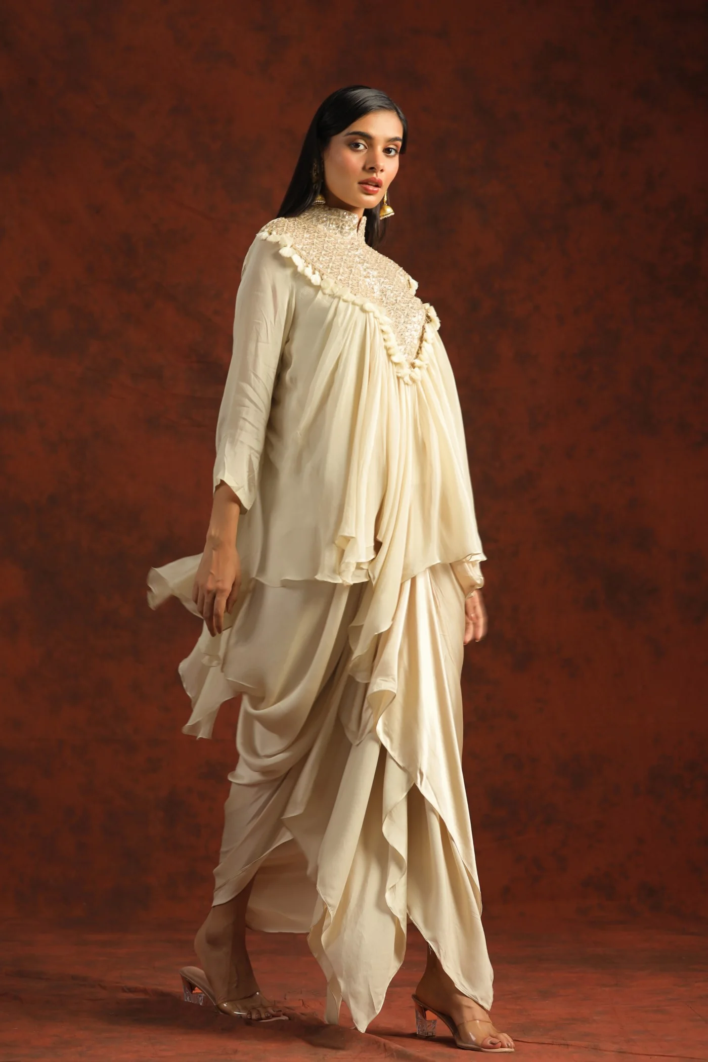 Cream Gota Embroidered Chinon Silk Draped Skirt & Top - Image 3