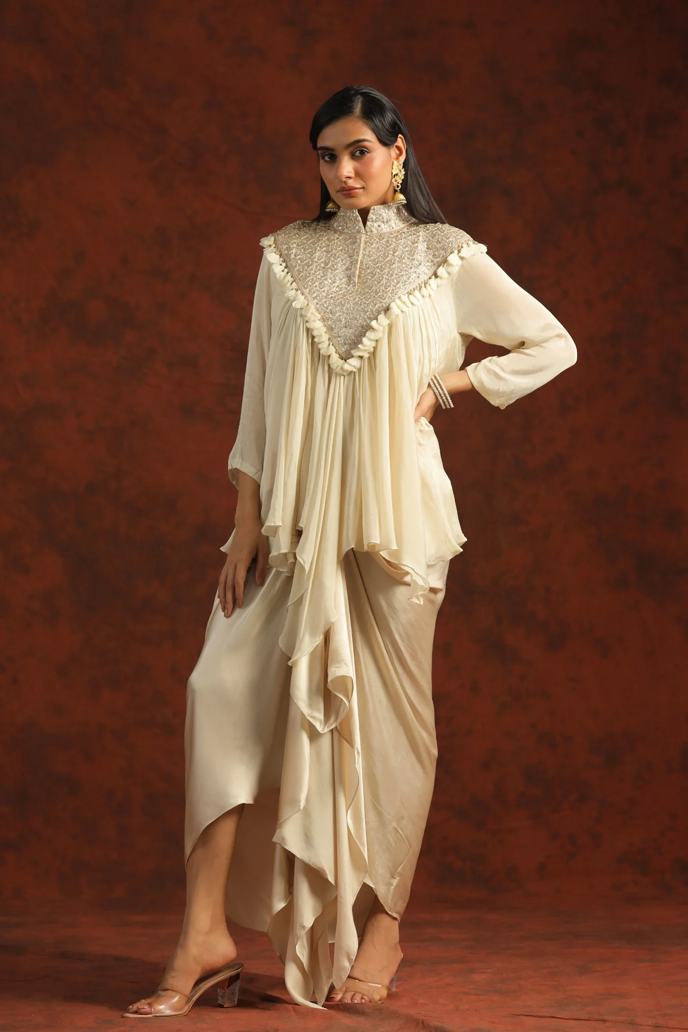 Cream Gota Embroidered Chinon Silk Draped Skirt & Top - Image 4