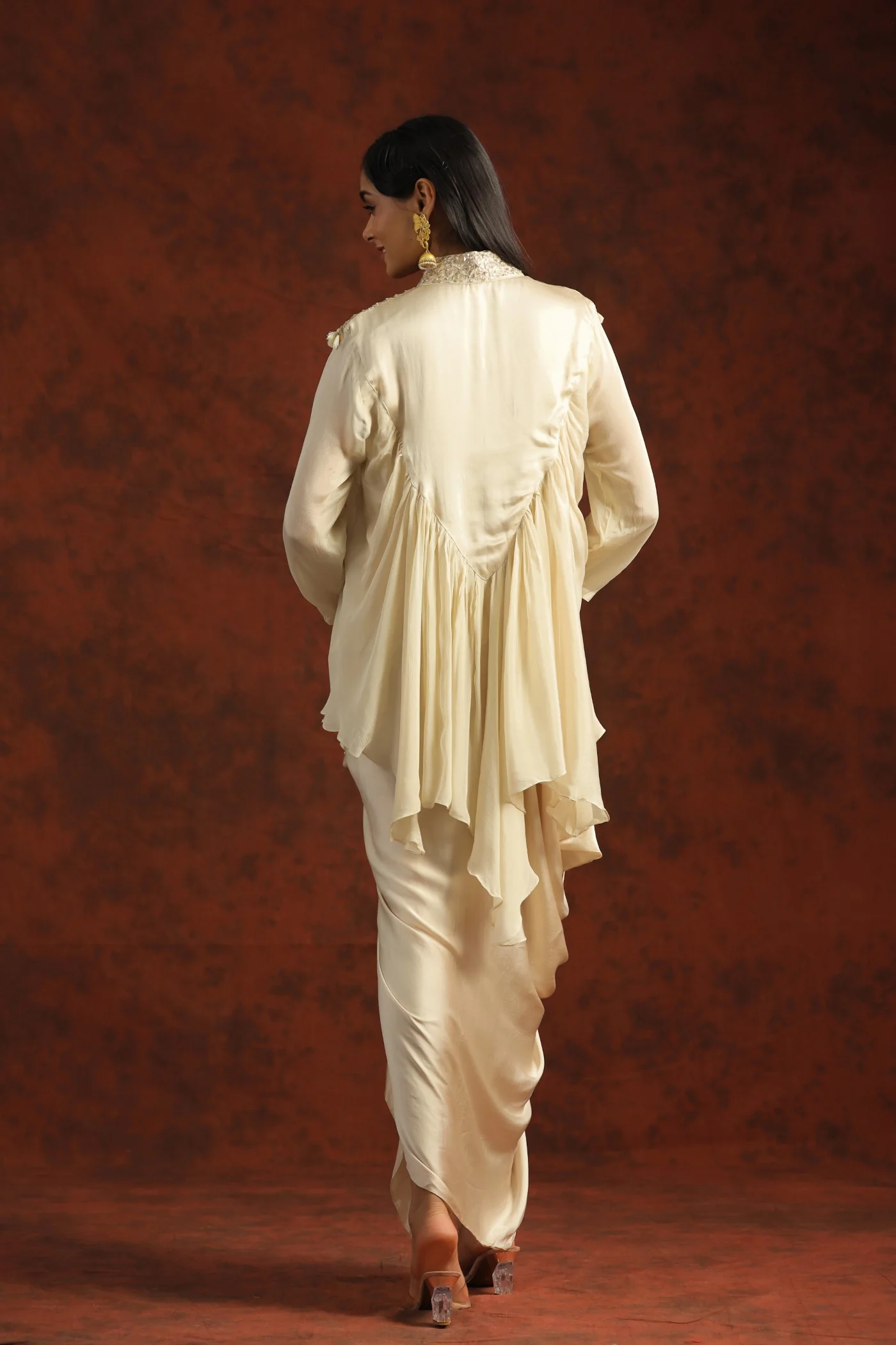 Cream Gota Embroidered Chinon Silk Draped Skirt & Top - Image 5