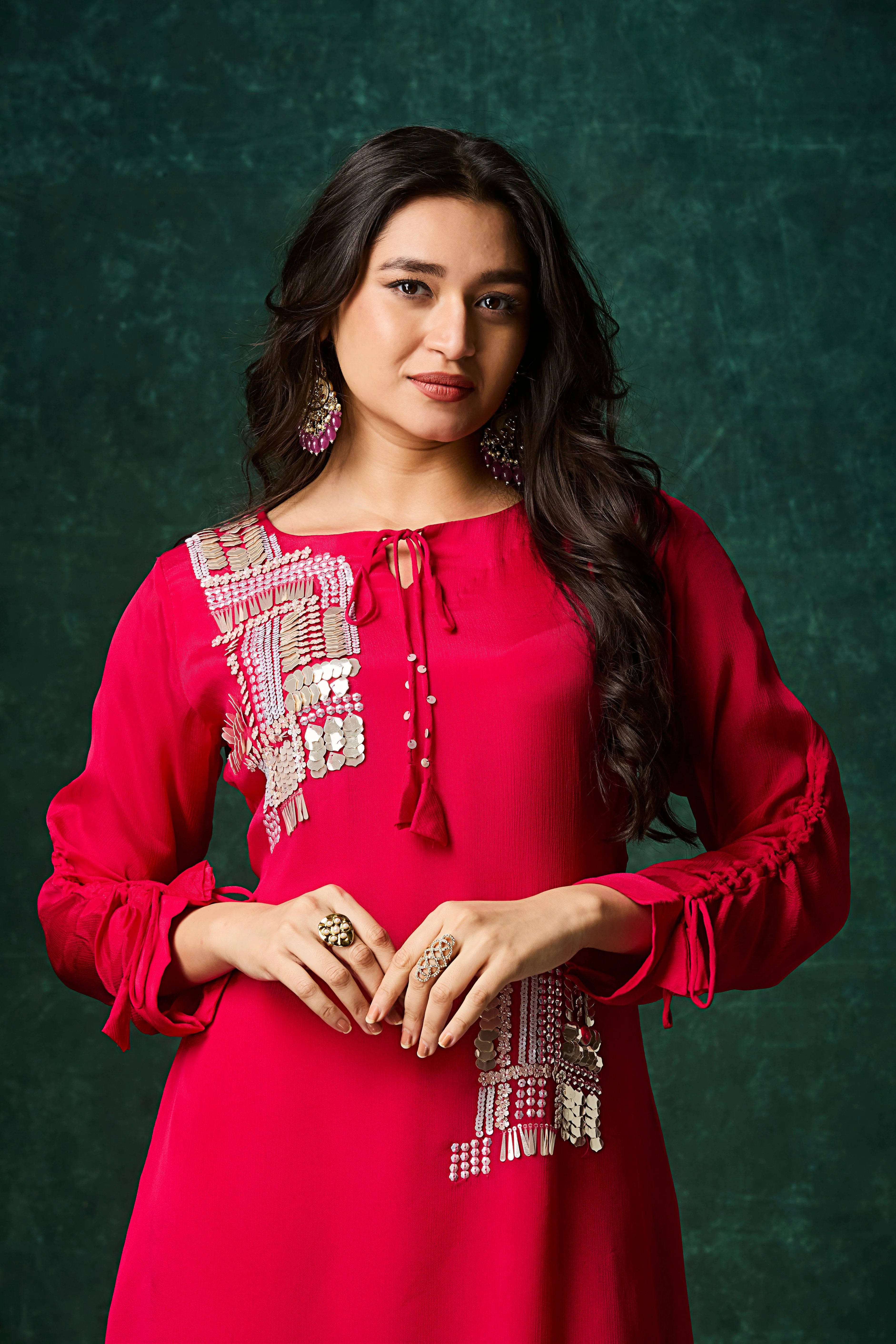 Crimson Pink Embellished Chinon Silk Palazzo Set - Image 2