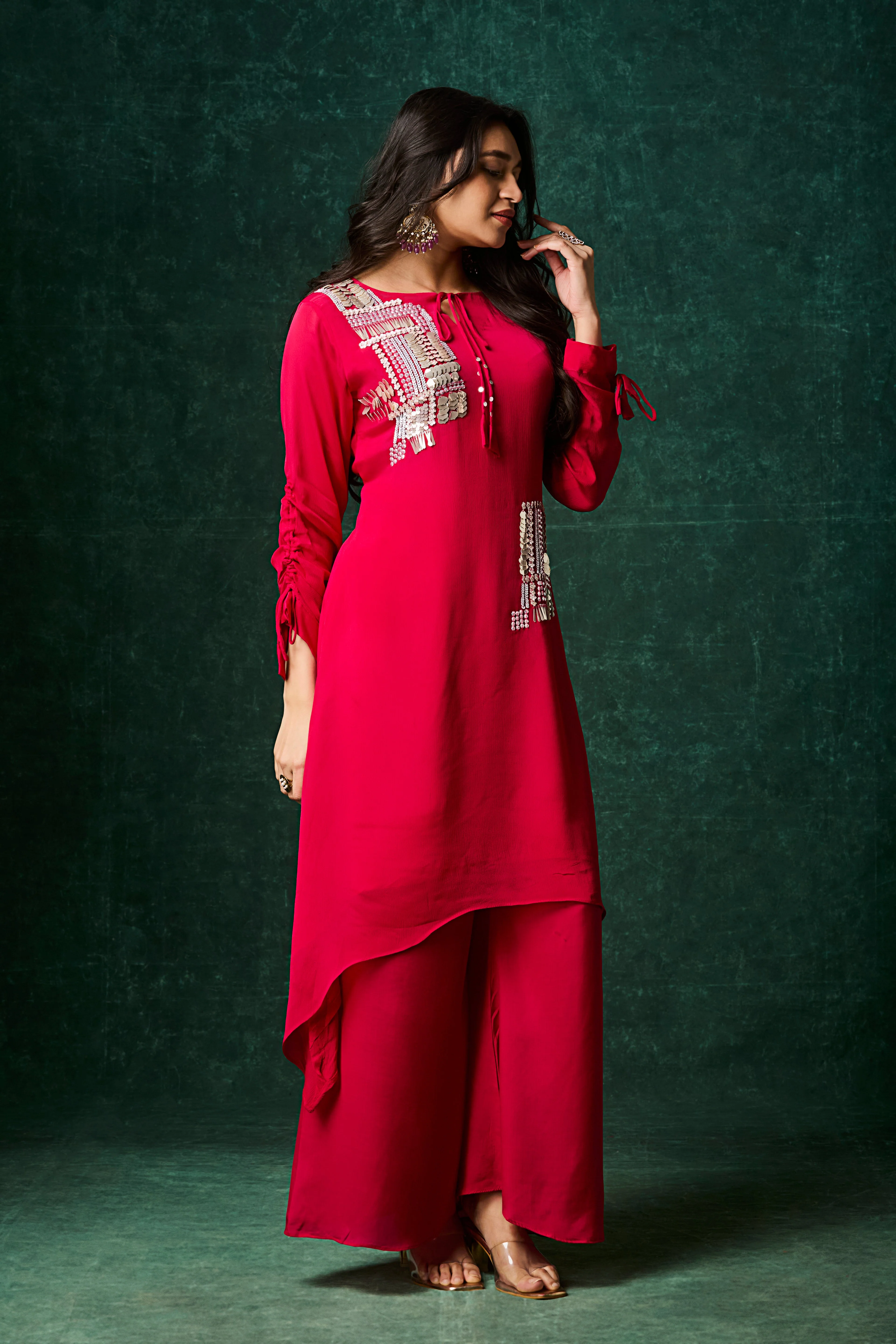 Crimson Pink Embellished Chinon Silk Palazzo Set - Image 3