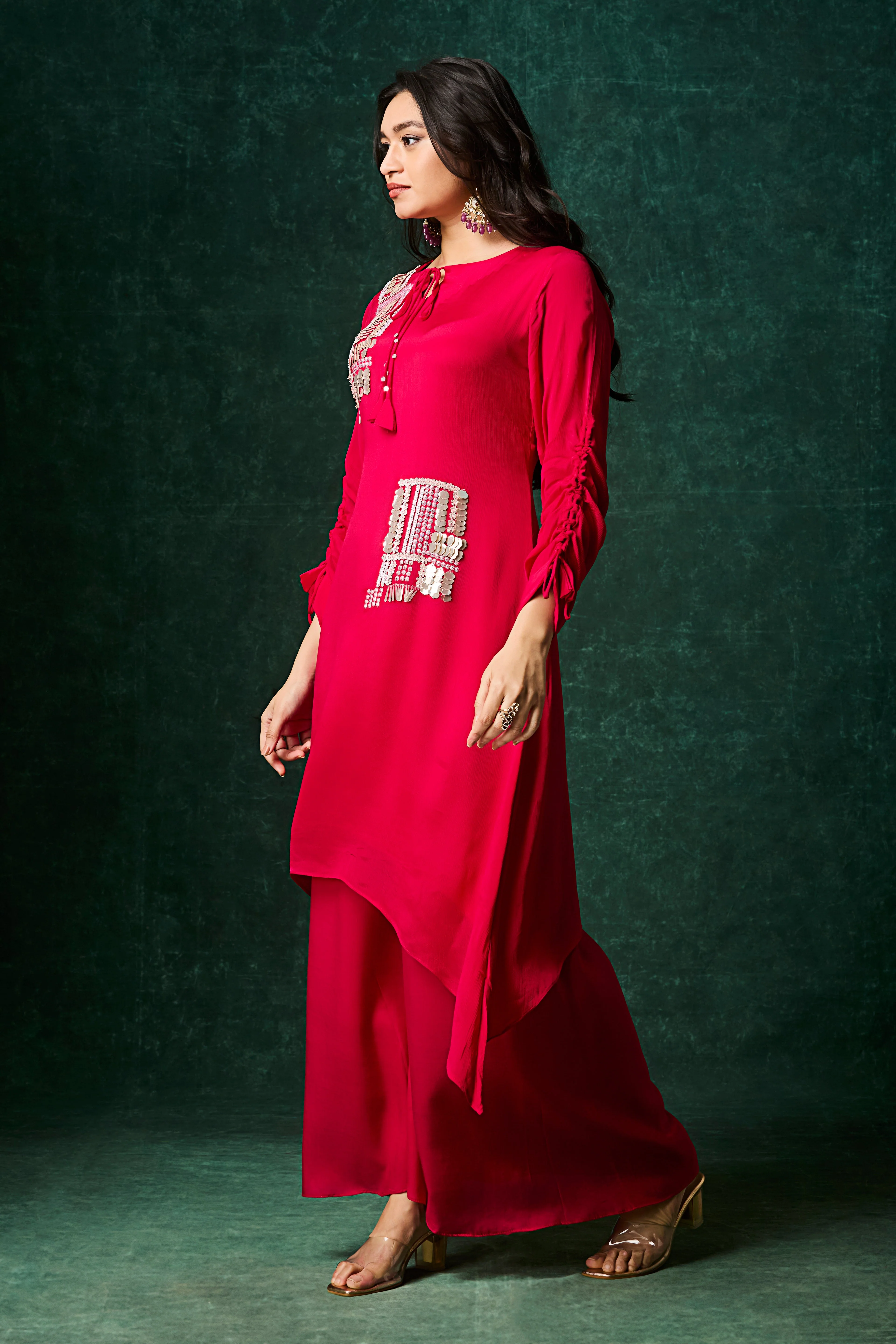 Crimson Pink Embellished Chinon Silk Palazzo Set - Image 4