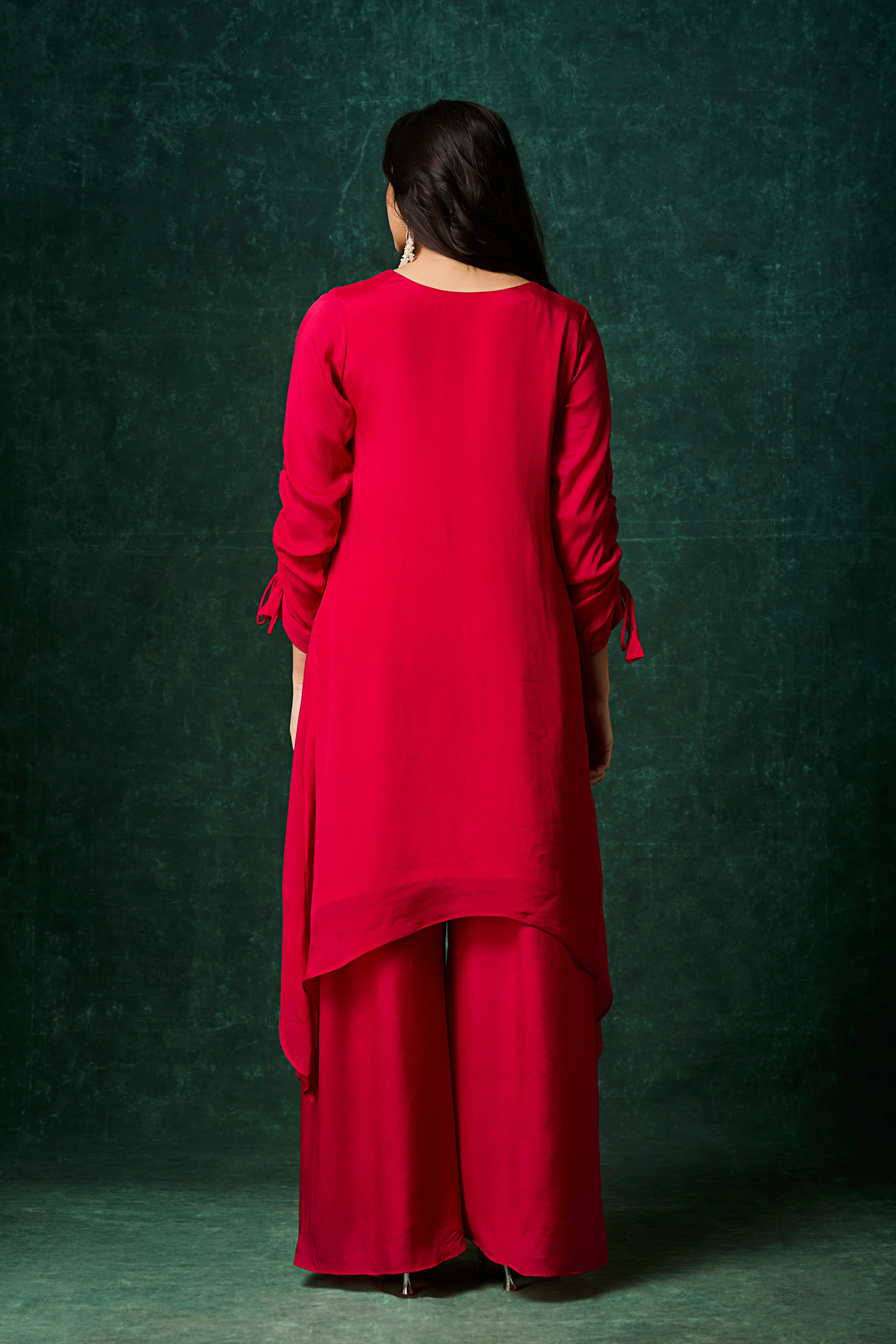 Crimson Pink Embellished Chinon Silk Palazzo Set - Image 5