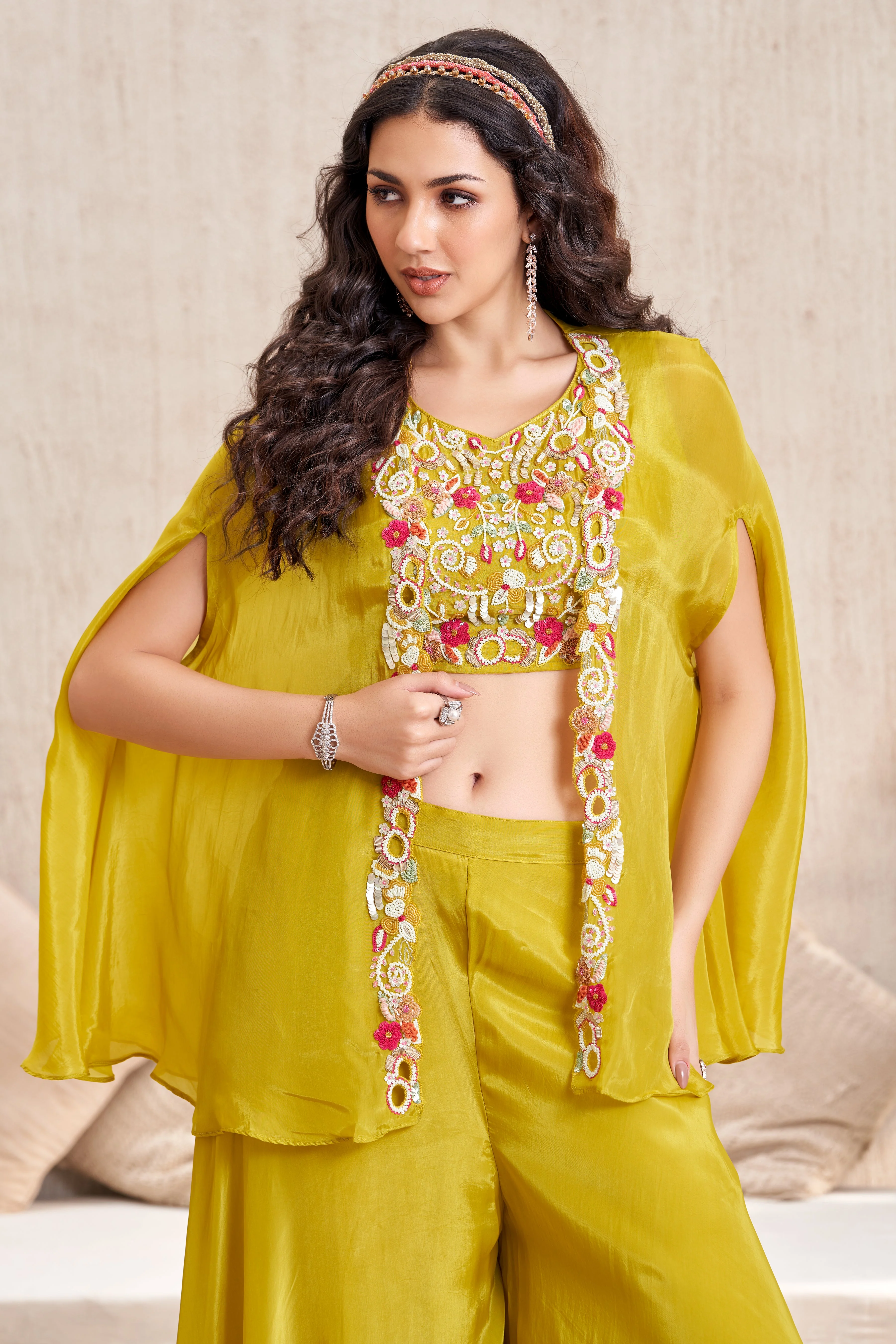 Bright Yellow Embellished Crepe Silk Cape Set - Image 2