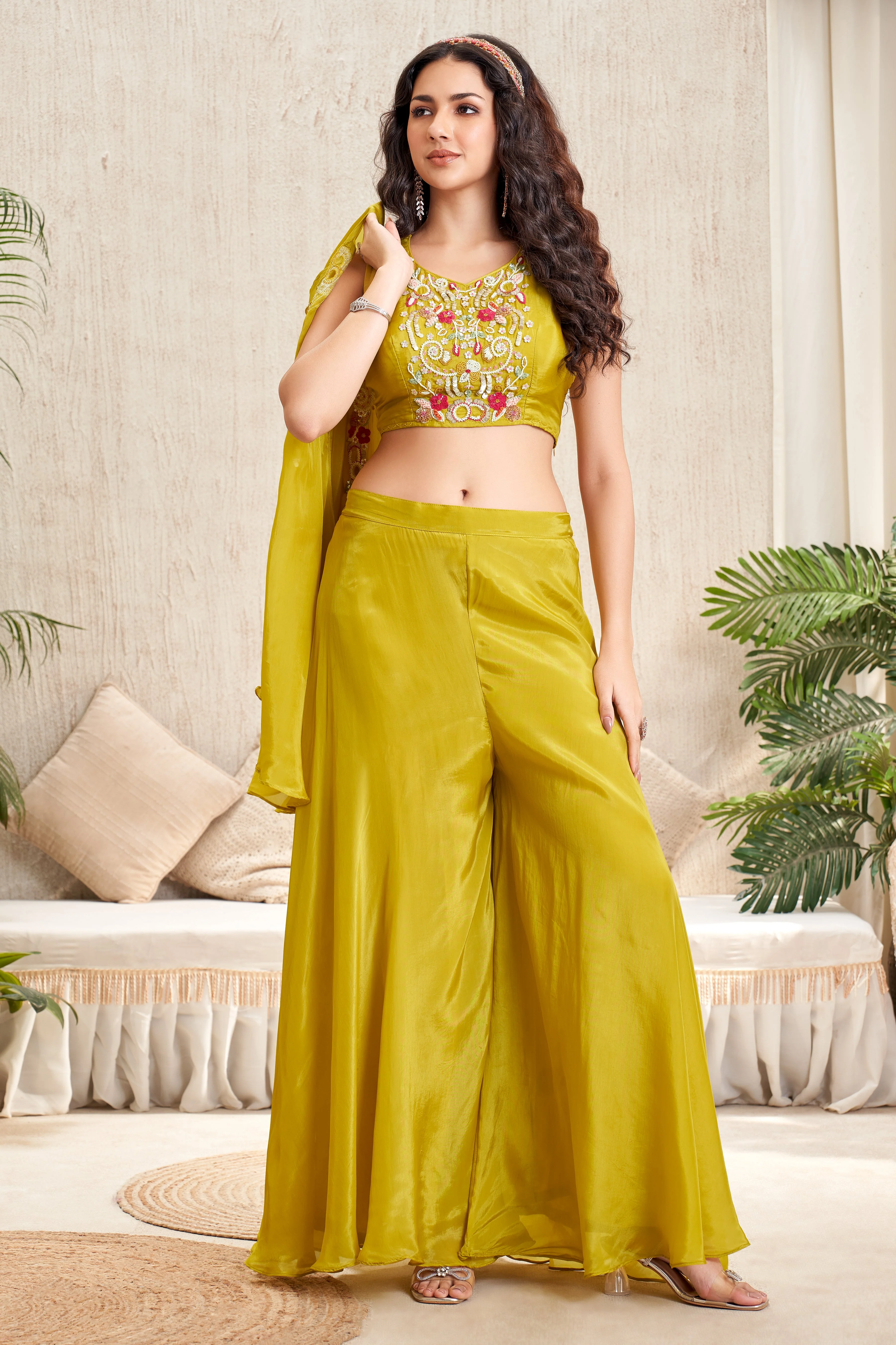 Bright Yellow Embellished Crepe Silk Cape Set - Image 3