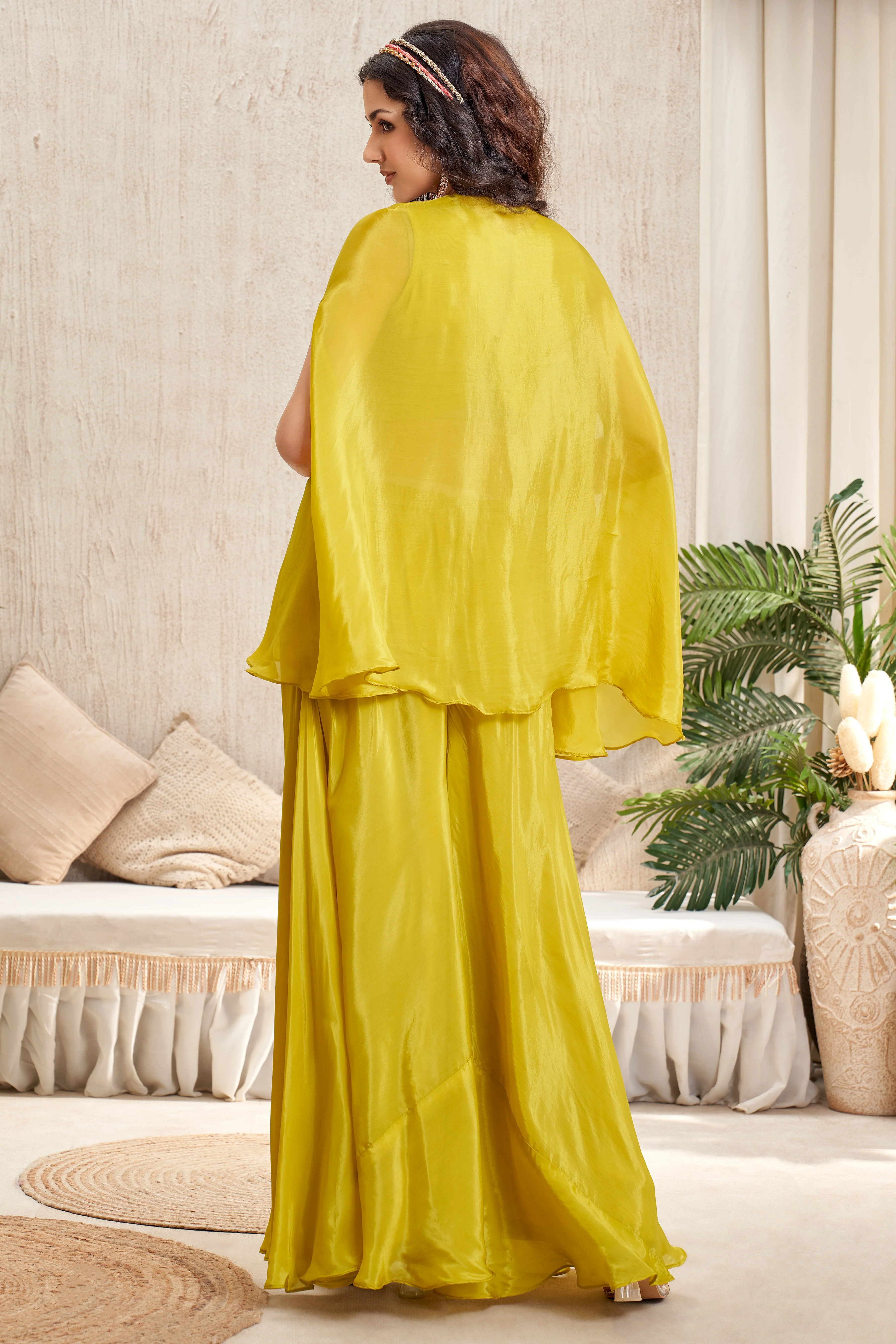 Bright Yellow Embellished Crepe Silk Cape Set - Image 4