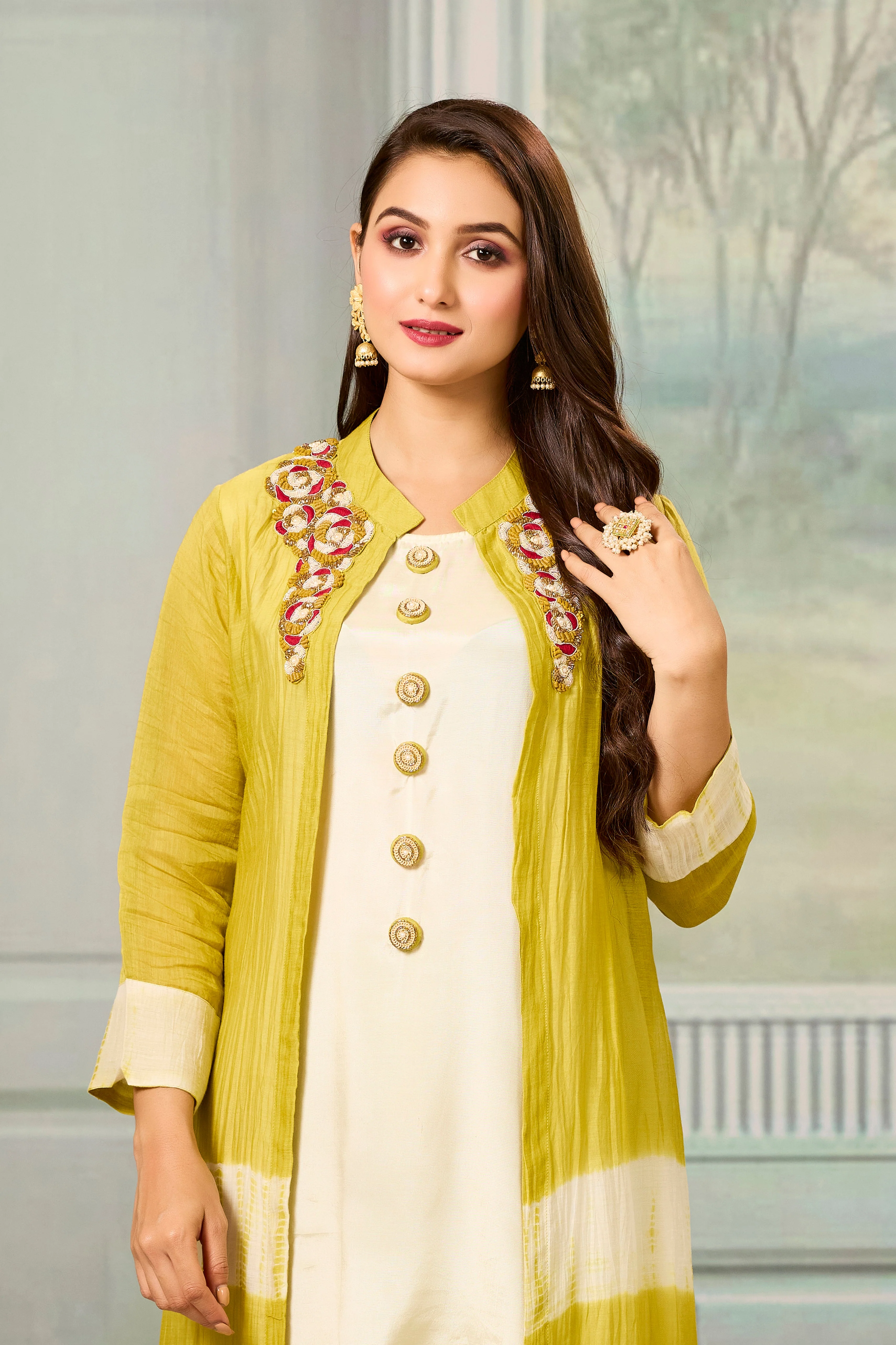 Cream Mustard Mul-Chanderi Silk Kurta Pants Set - Image 2